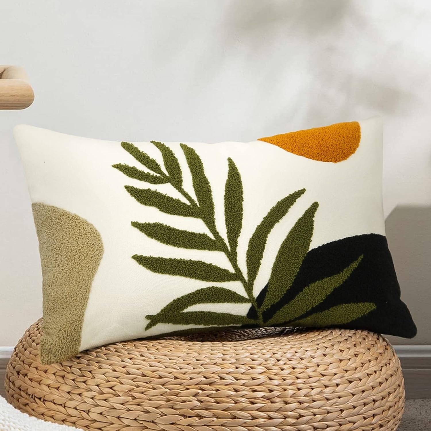 Merrycolor Boho Lumbar Throw Pillow Covers 12×20 Tufted Abstract Mid Century Modern Pillowcases Bohemian Aesthetic Decorative Pillows for Couch Bed Sofa Living Room (1PC,Green and Black)