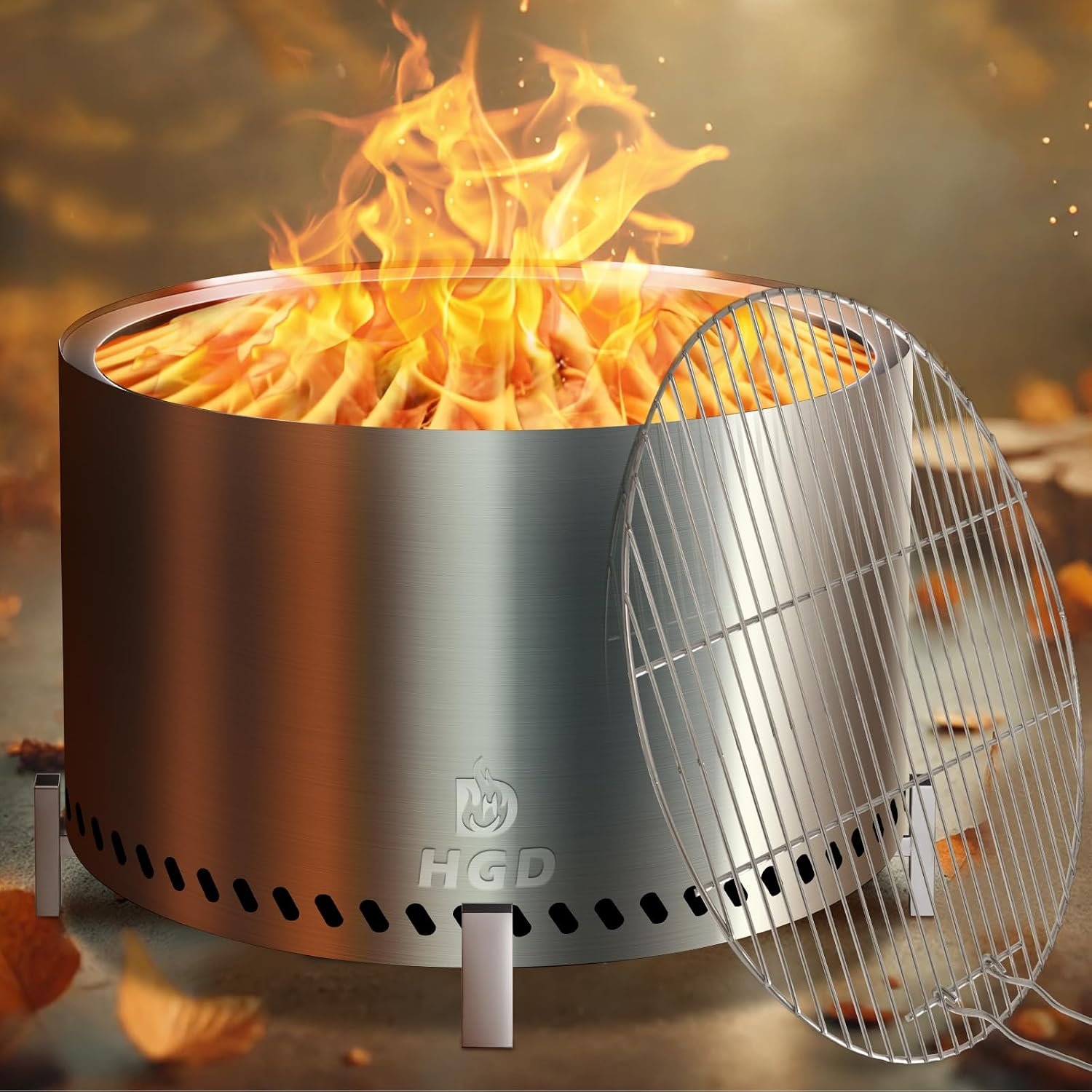 HGD 27.5″ Smokeless Fire Pit with Stand & Grill Rack, Large Stainless Steel Wood Burning Firepit with Secondary Combustion, Backyard Patio Stove for Outdoor, Garden, BBQ & Bonfire (Silver)