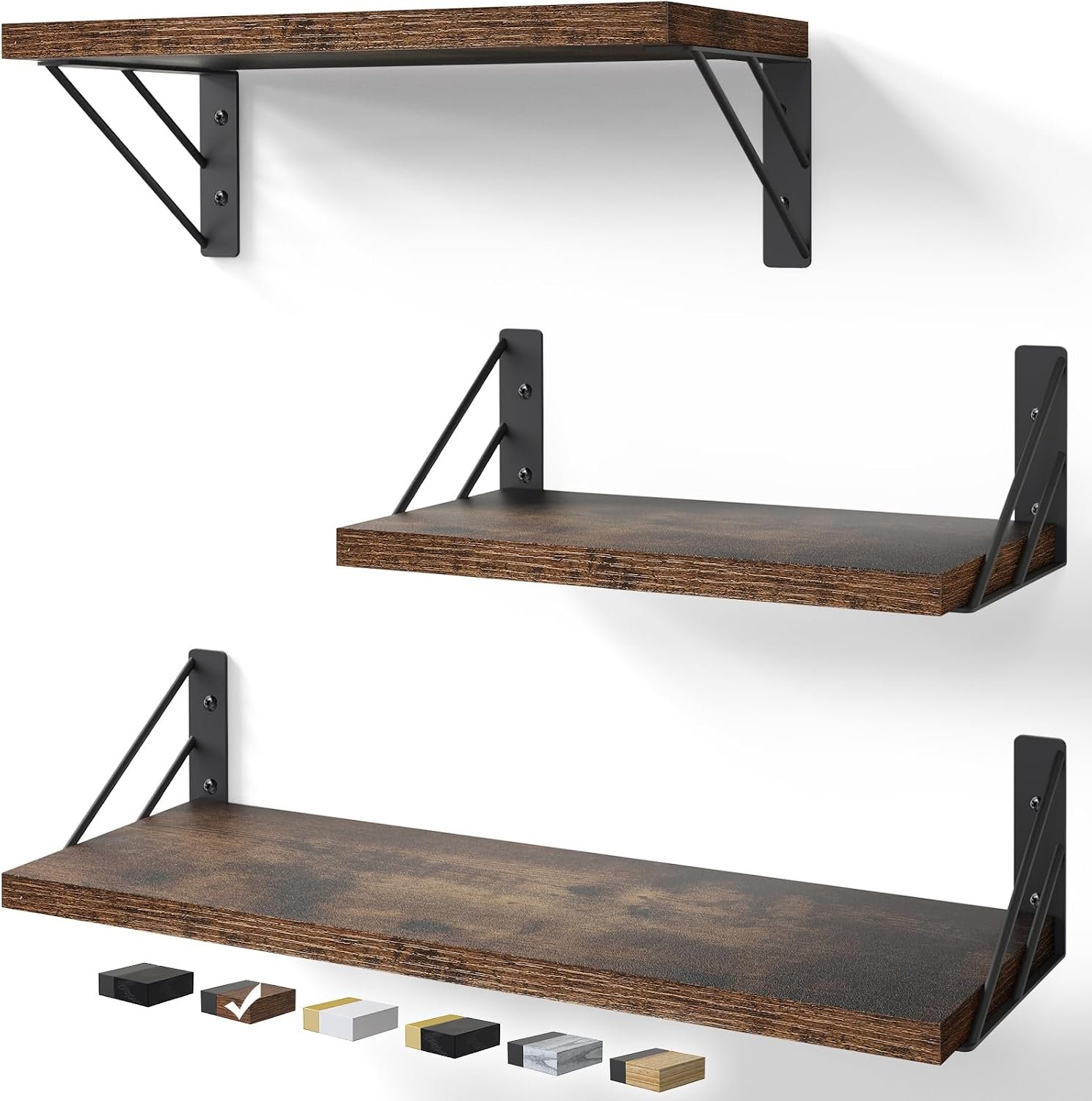 BAYKA Wall Mounted Floating Shelves (Rustic Brown, Set of 3, 16″ Mixed)