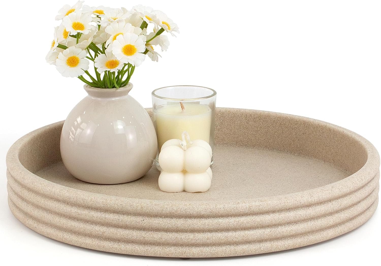 Round Decorative Tray, Modern Coffee Table Tray Decor 11″ Resin Beige Tray