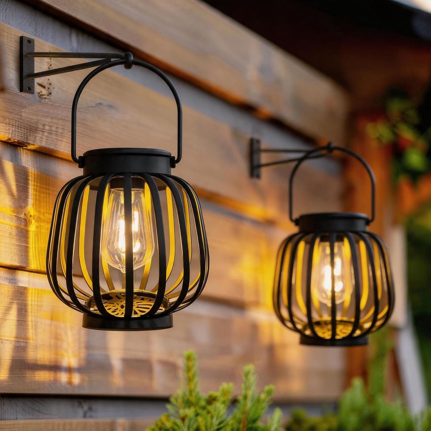Vintage Metal Solar Lanterns 2 Pack Waterproof Hanging Auto On/Off for Yard (Black 1)