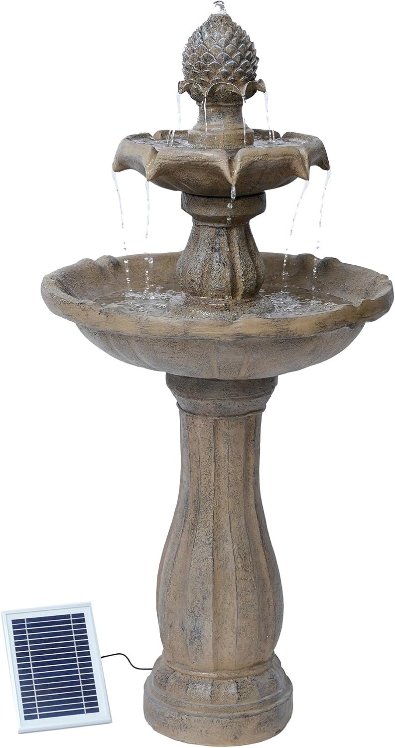 XBrand 44″ Solar Powered Outdoor 2-Tier Cascading Water Fountain, Fiberglass Resin Garden & Patio Solar Fountain, Beige