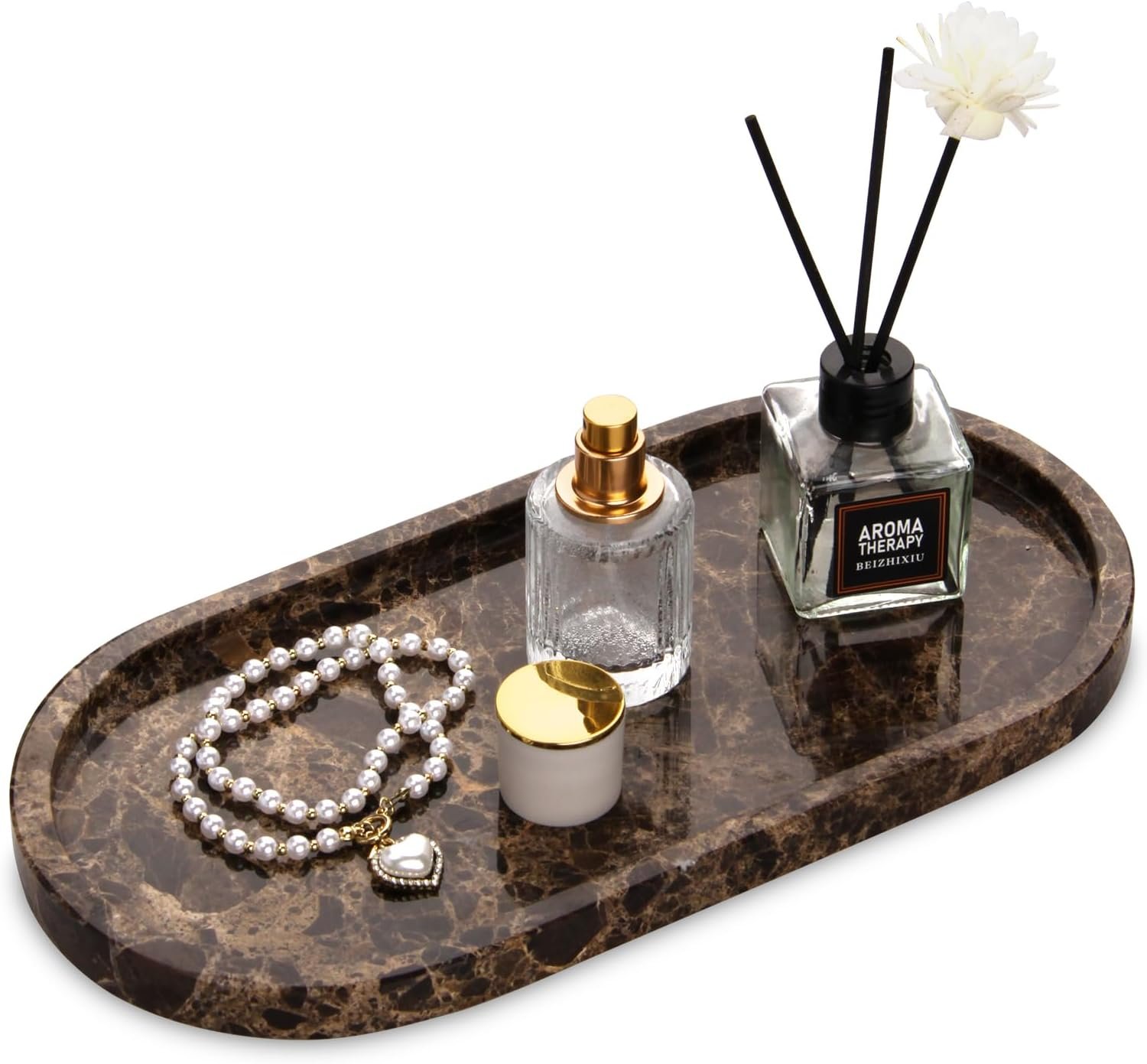Oval Marble Bathroom Vanity Tray, Dark Brown, 12″ x 6″ x 0.8″