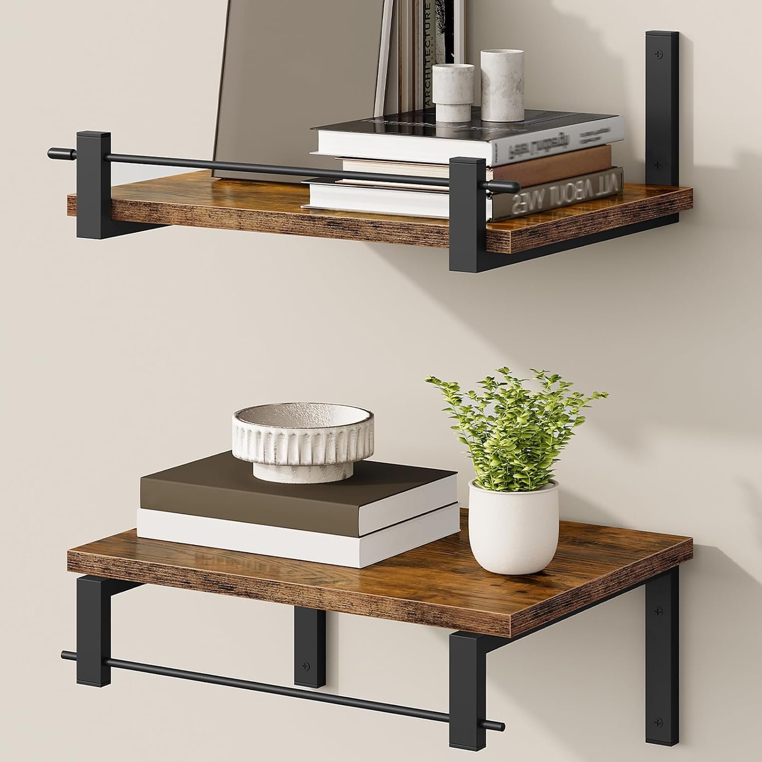 CHOEZON Deep Floating Shelves for Wall, 12 inch Wall Mounted Shelves Set of 2, Wide Floating Shelves for Living Room, Bedroom, Study, Bathroom, Rustic Brown and Black TBJ02P2BF