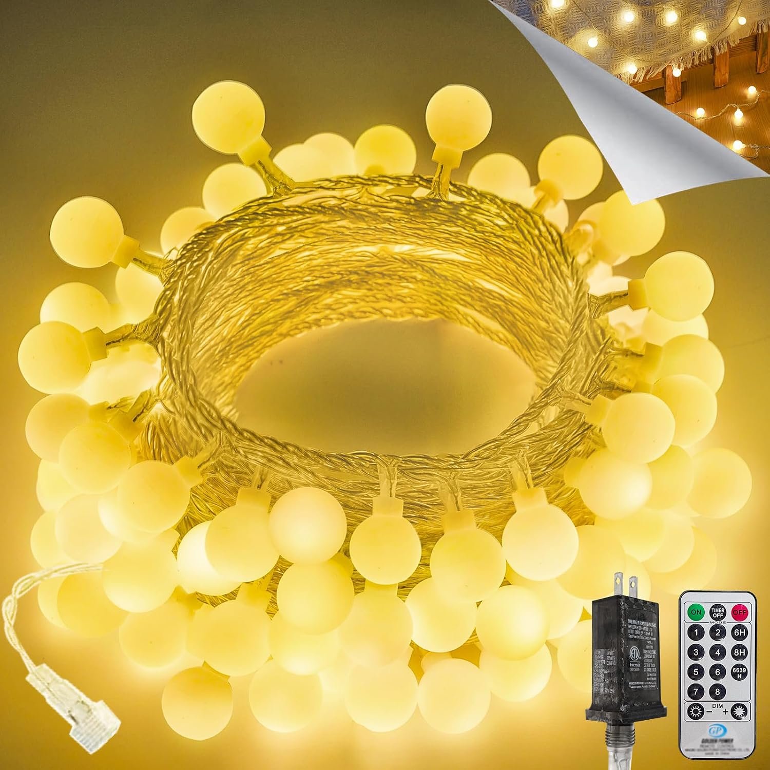 Connectable 43FT 100LED Globe String Lights Indoor, Fairy Lights Plug in