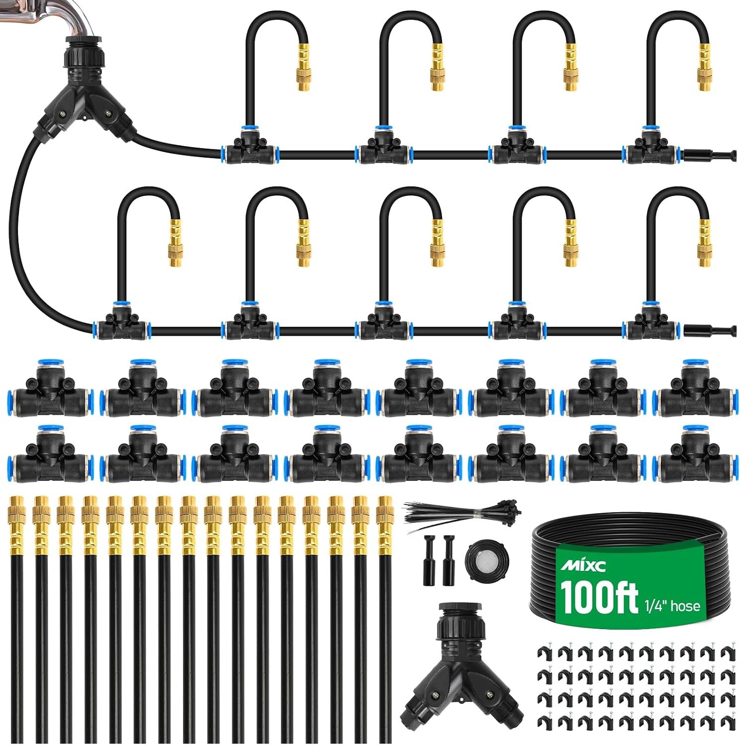 MIXC 1/4″ 100Ft Drip Irrigation System for Garden with 16pcs 360°Adjustable Brass Nozzles & Bendable Rod,Upgraded Watering System Kit for Outdoor Plants,Lawn,Raised Bed,Potted Plant,Yard,Greenhouse