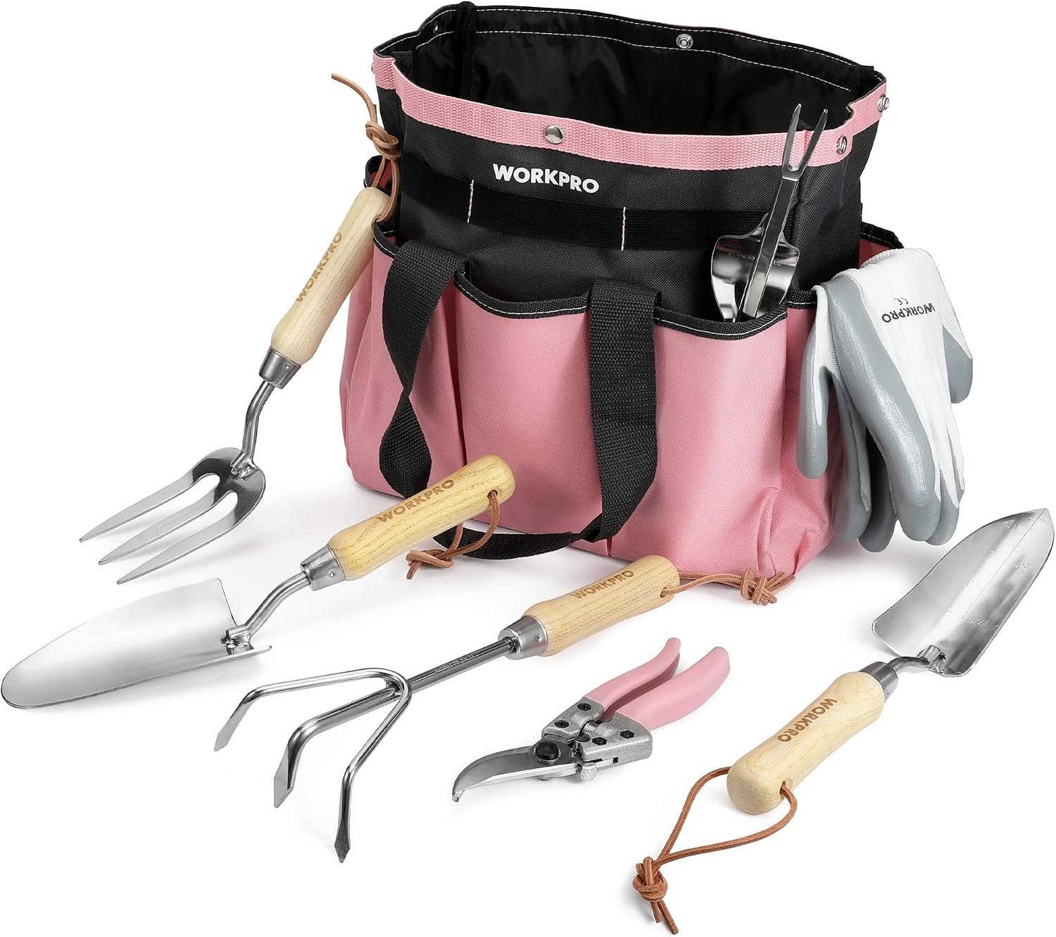 WORKPRO 8-Piece Pink Garden Tool Set with Garden Bag and Gloves- Pink
