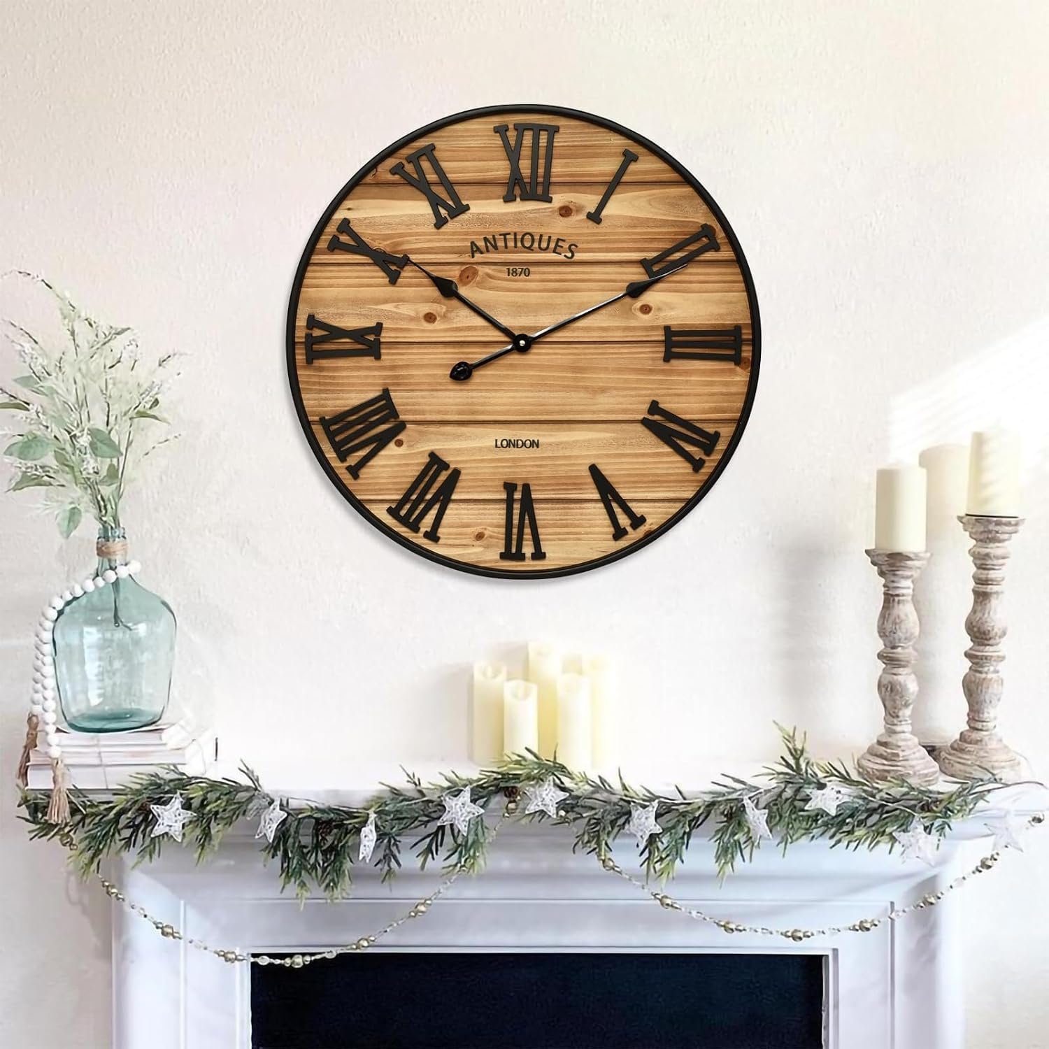 24 Inch Farmhouse Wall Clock – Antique Rustic Wood Finish, Silent Battery-Operated Timepiece with Stylish Decor for Home, Office, Kitchen, Bedroom & Living Room