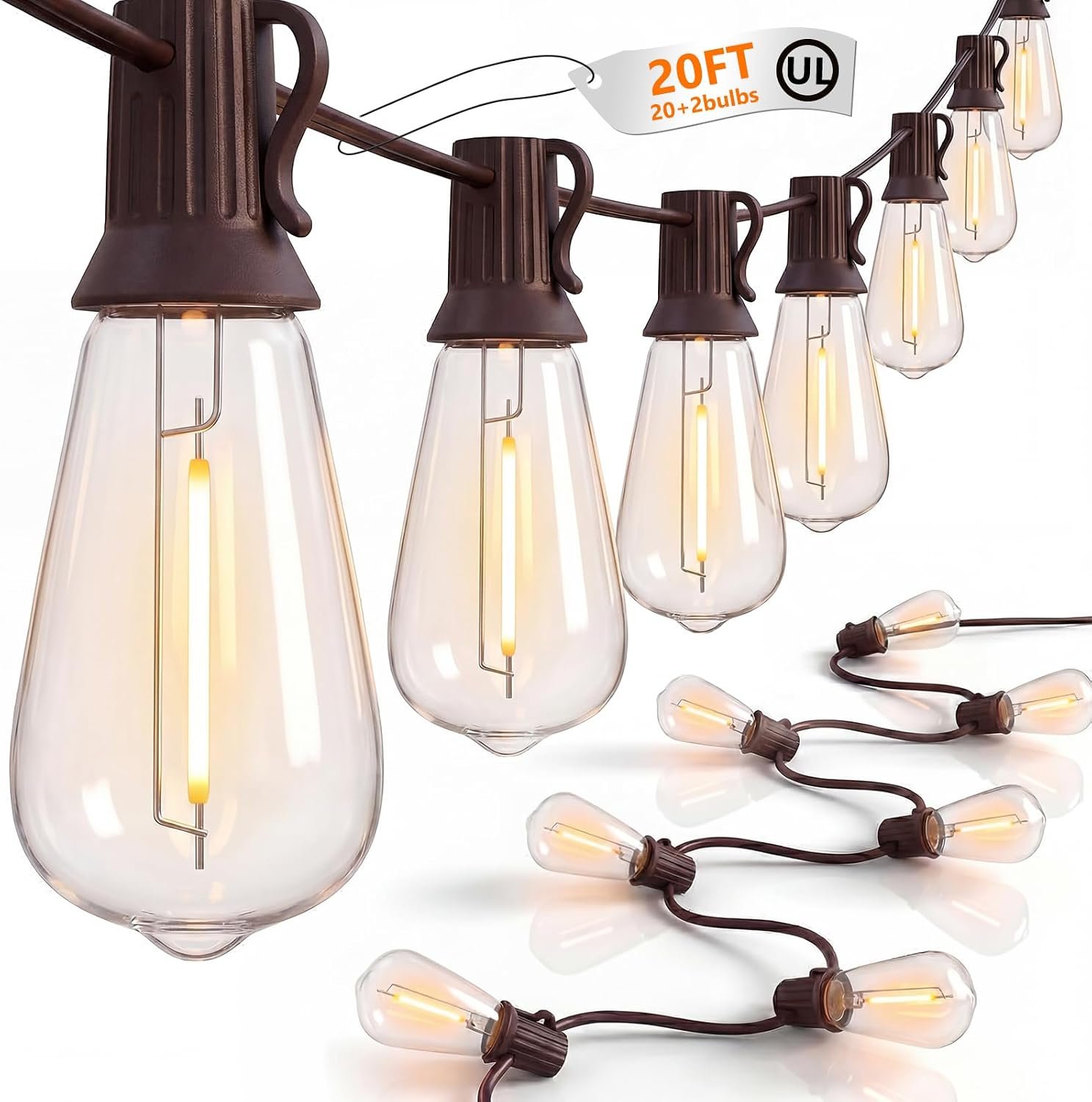 20FT ST40 LED Outdoor String Lights, Vintage Edison Patio Lights with 22 Shatterproof Bulbs, Waterproof Hanging Outdoor Lights for Backyard Porch Deck Bistro Garden, Warm White 2700K, Brown Wire