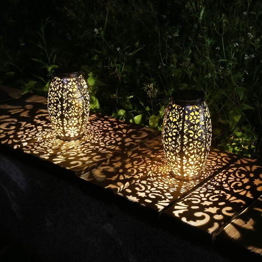 2 Pack Solar Lantern Lights for Hanging or Table Outdoor Solar Light for Patio Courtyard Garden (Silver-2pack)