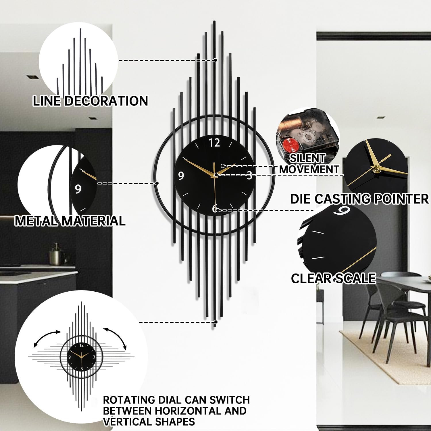 SIN&MI Wall Clock,Decorative Wall Clocks with Silent Quality Quartz Clock Battery Operated,Large Wall Clock for Living Room,Kitchen,Home,Bathroom,Bedroom Wall Decor,11.8×29.5inch,Black