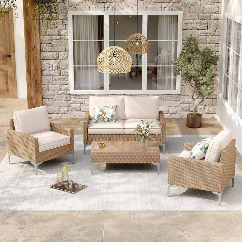 JOYURE 4-Piece Patio Furniture Set,Outdoor Wicker Patio Conversation Set with Tempered Glass Table,All-Weather Rattan Sectional Loveseat&Chairs with Thick Cushions for Garden,Deck,Backyard-Beige
