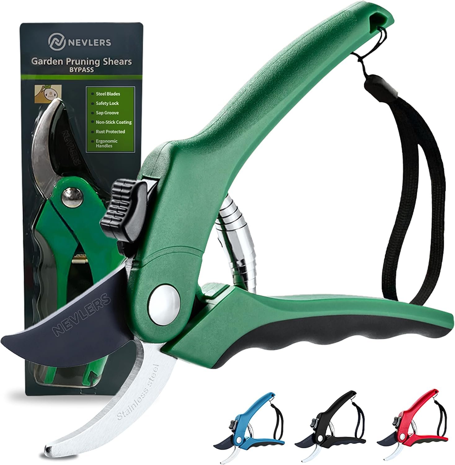 Nevlers 8″ Green Bypass Pruning Shears Heavy Duty Pruning Scissors