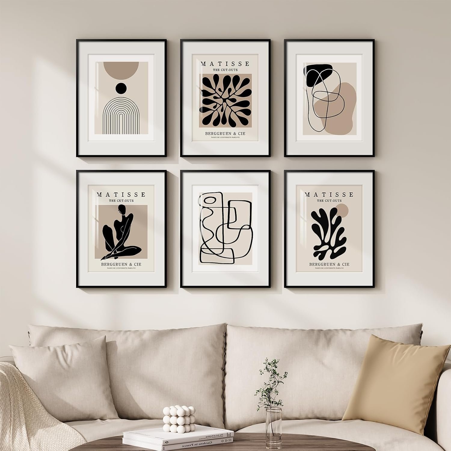 Framed Neutral Abstract Wall Art for Living Room, Set of 6 Canvas Prints