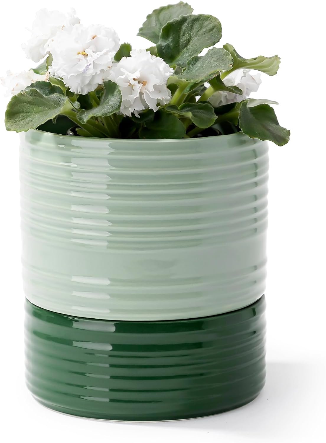 Fayoula Self Watering Pots for Indoor Plants, 6 Inch Ceramic Self Watering Plant Pot, Planter Pot with Wick Rope and Drainage Hole for African Violet Succulent Herbs (Green Light)