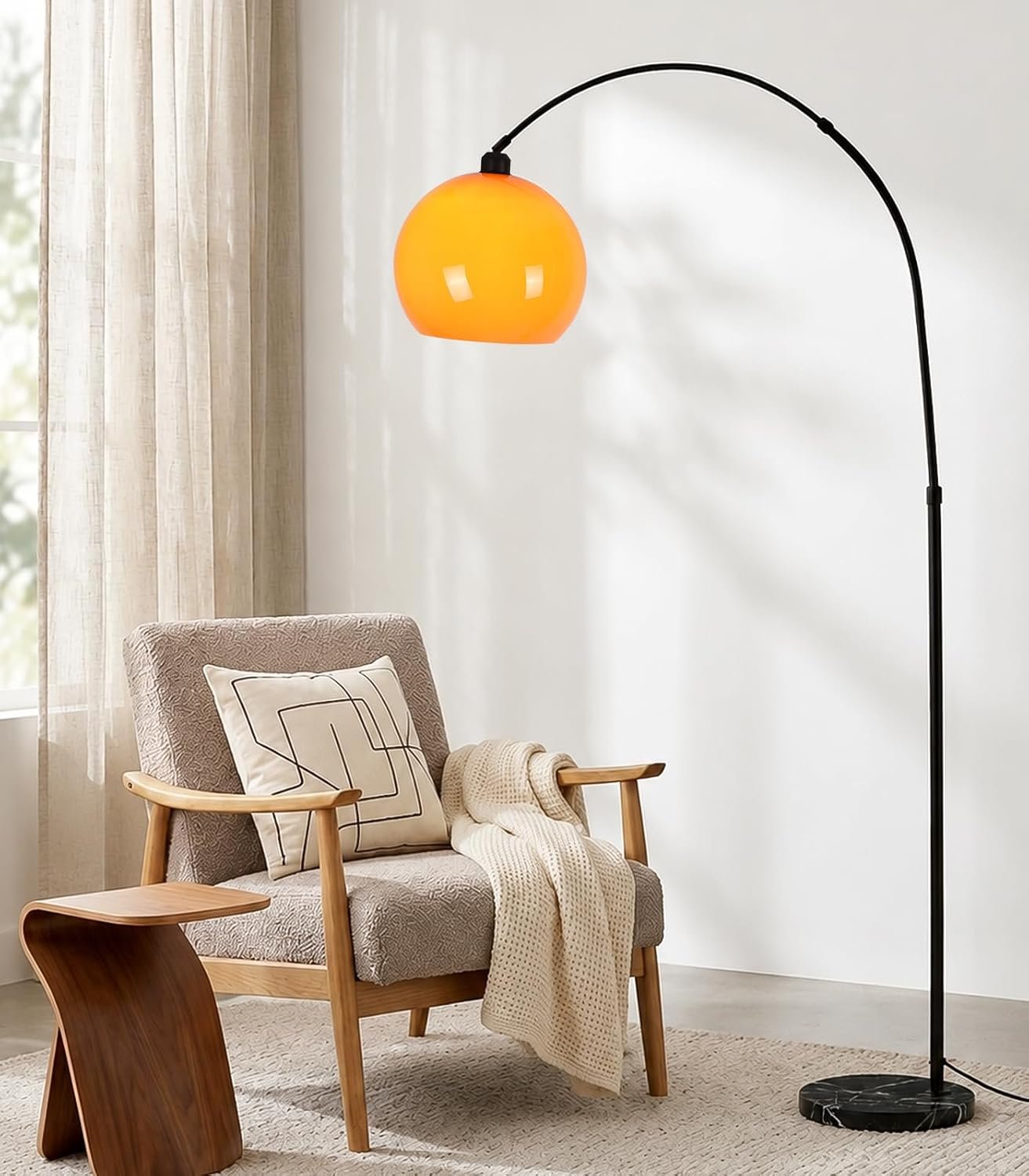 Orange Arc Floor Lamp for Living Rooms 70″ Mid Century Modern Arched Floor Lamp with Marble Base Arc Floor Lamp for Bedside, Home Offices, Dining Rooms, Bedrooms,Acrylic Lampshade