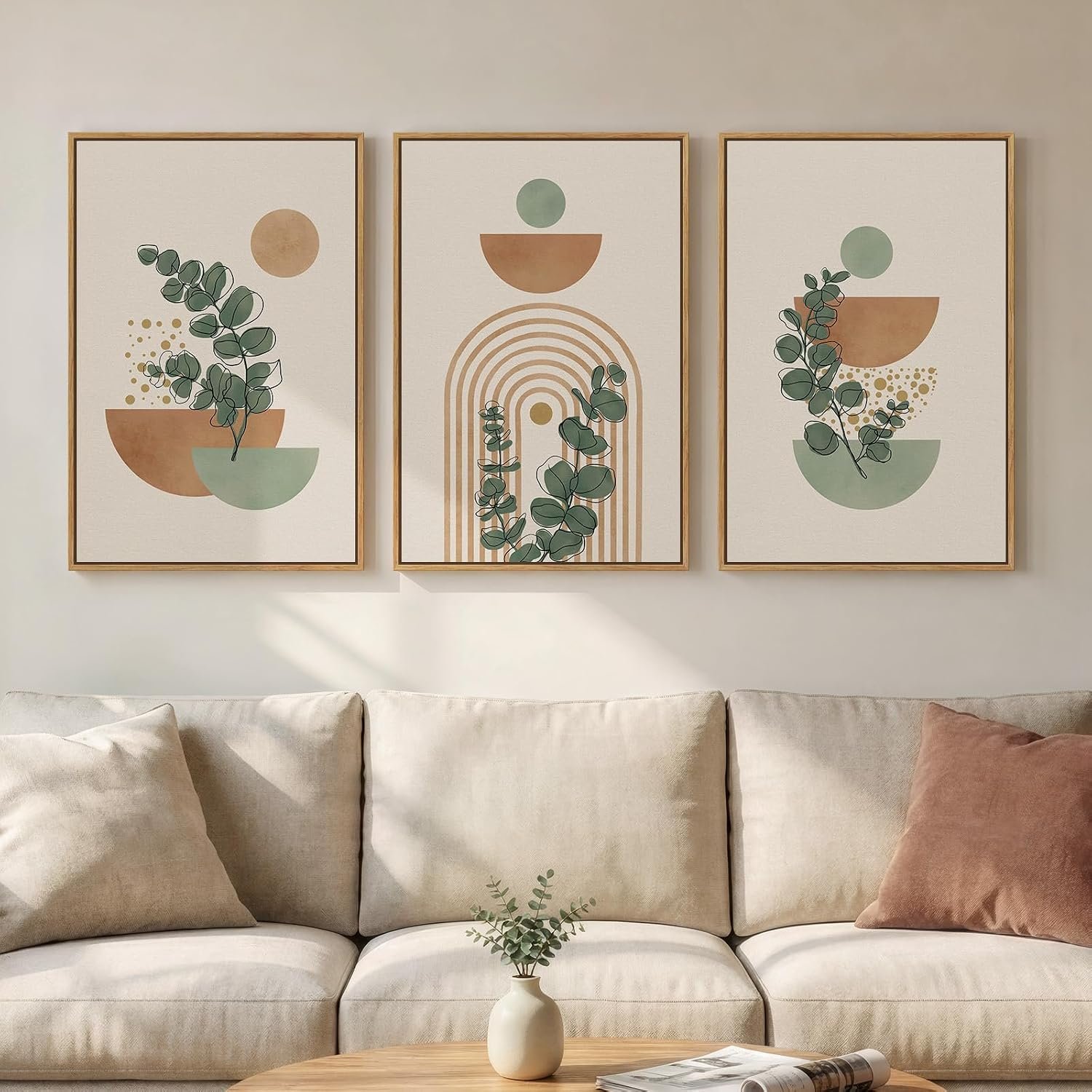 3 Piece Framed Abstract Boho Botanical Wall Art for Living Room, 16×24 Inch