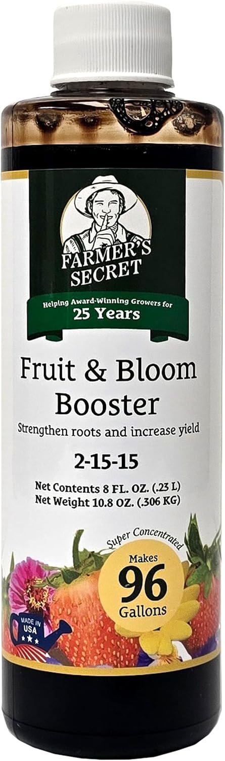 Farmer’s Secret Fruit & Bloom Booster Fertilizer – Super Concentrated – Boosts Flowering and Yield on All Varieties of Fruits, Vegetables and Flowers – Formulated for Late Summer & Early Fall (8oz)
