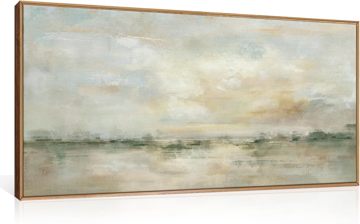 LHIUEM Large Abstract Green Gray Pastel Framed Canvas Wall Art,Neutral Landscape Wall Decor,Modern Watercolor Lake Artwork,Beige Textured Illustrations Art for Living Room,Bedroom,Office- 20″x40″x1