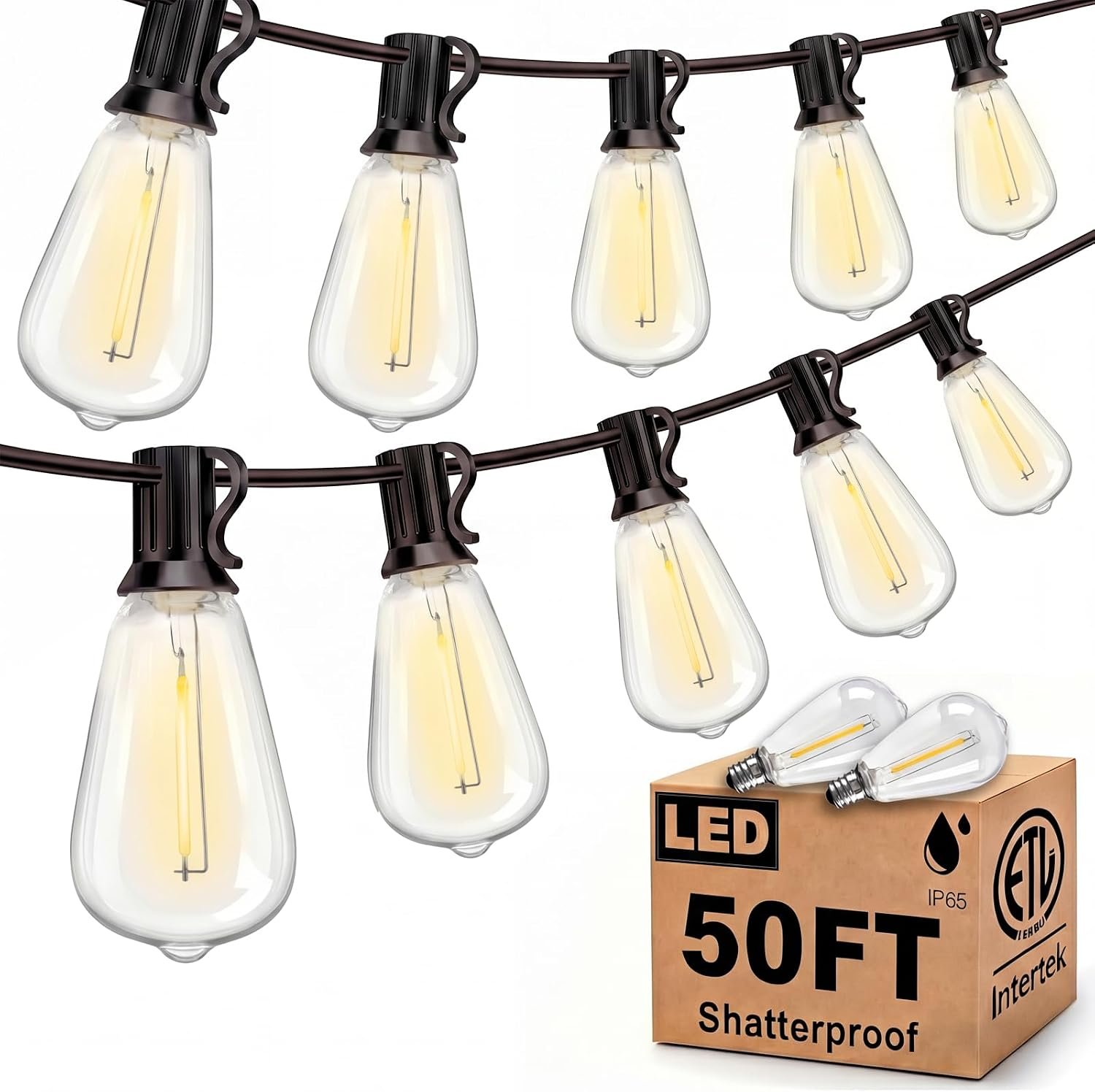 LED Outdoor String Lights 50FT Edison Lights with 27 ST38 Shatterproof Bulbs, Outside Hanging Lights Waterproof for Patio, Porch, Deck, Garden, Balcony, 2700K Warm White, Dimmable