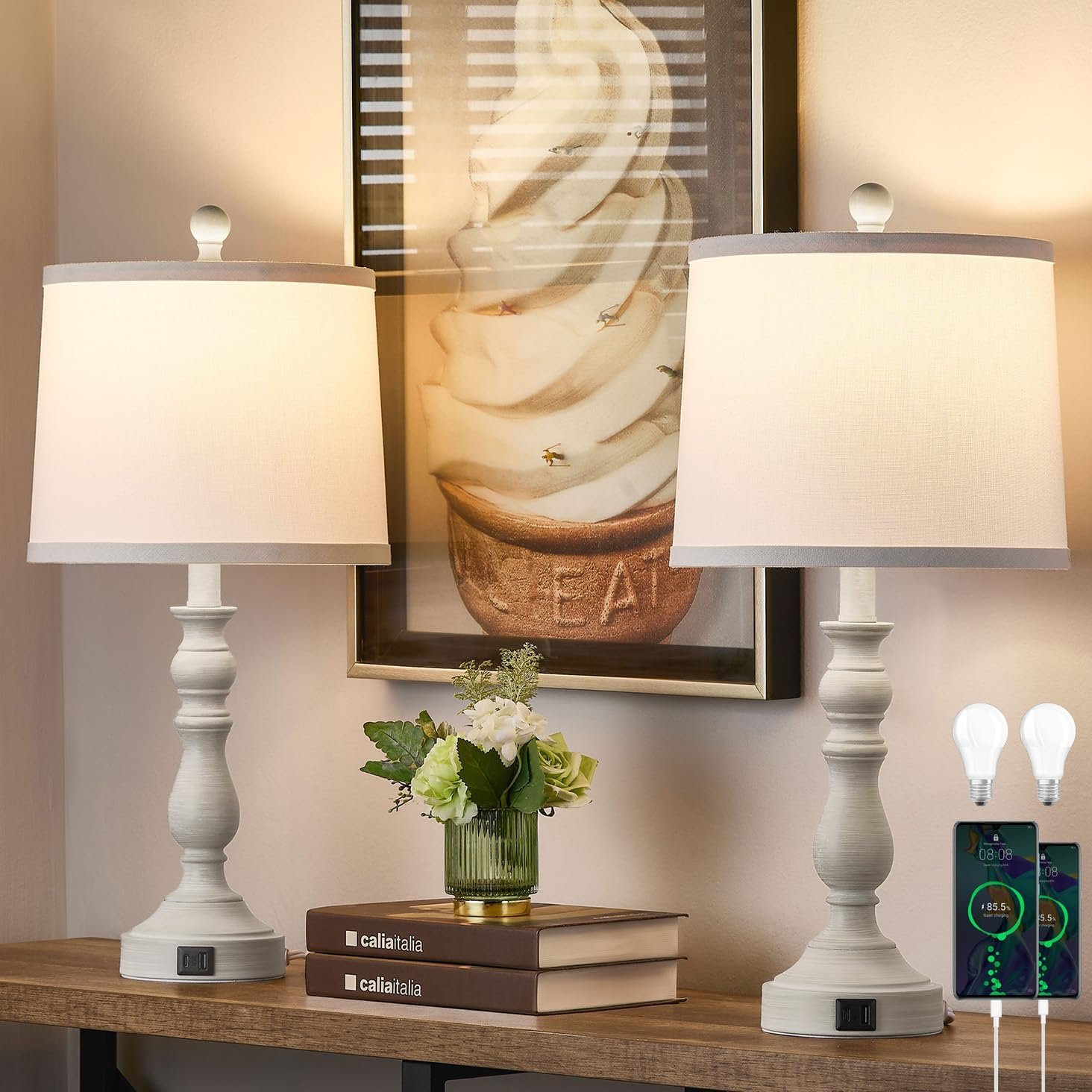 23” Table Lamps Set of 2, Lamps for Bedroom, USB C+A Ports, Beige