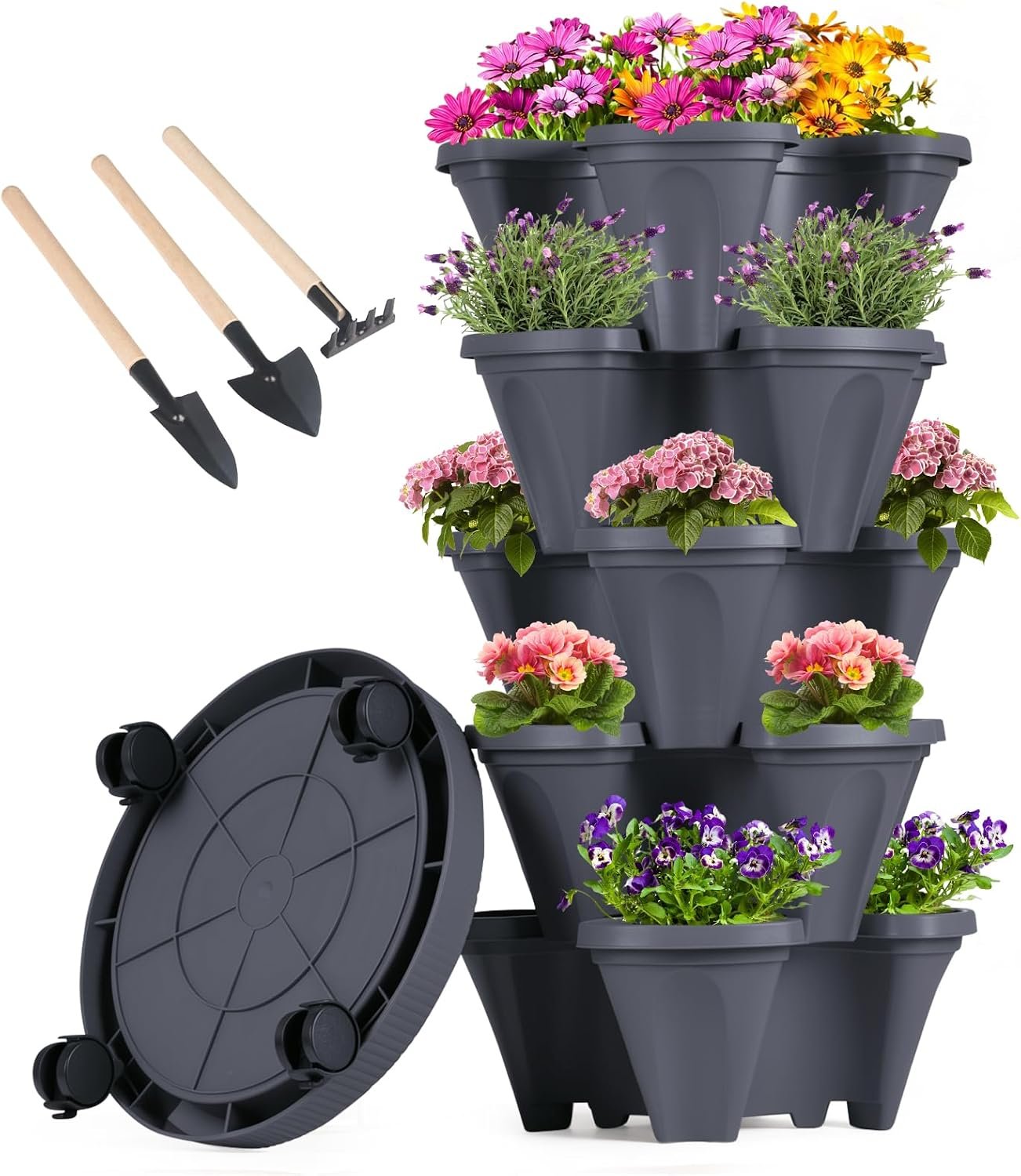 GameXcel Vertical Planter Tower – 5 Tier Stackable Garden Planters with Wheels and Tools Plant Pots for Strawberry Herb Flower and Vegetable Indoor Outdoor Use Dark Gray
