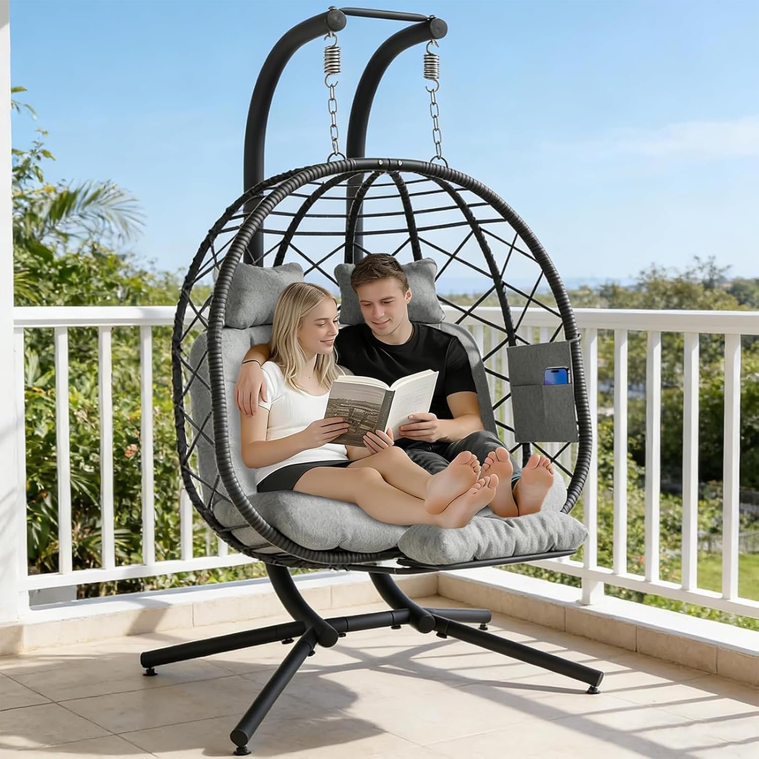 Suteck Double Hanging Egg Chair with Adjustable Footrest & Stand, Grey