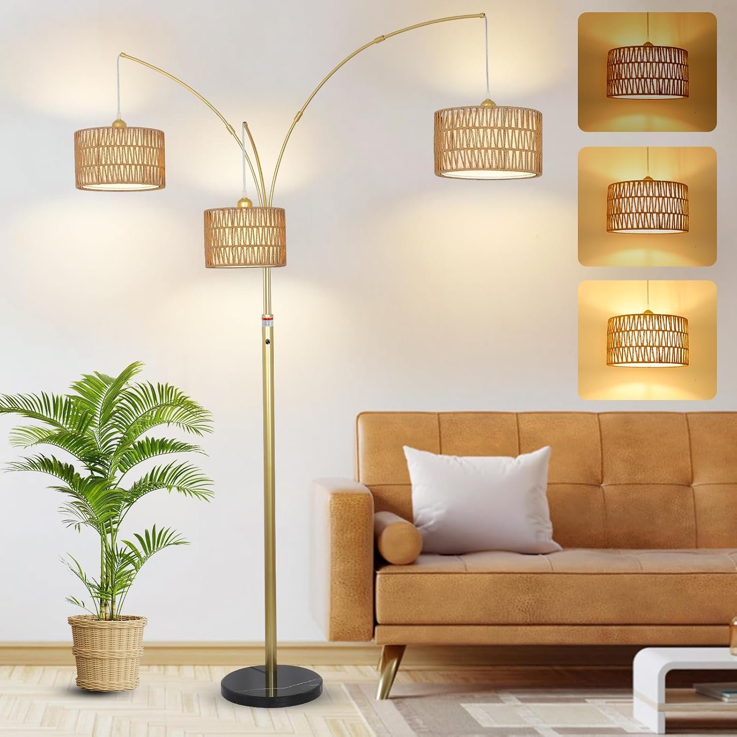 Modern Gold Floor Lamp for Bedroom, Arc Standing Lamp for Living Room, Dimmable Boho Rattan Tall Lamp, Farmhouse Floor Lamps for Office Decor, Height Adjustable Arched Lamp, Over Couch Reading Lamp