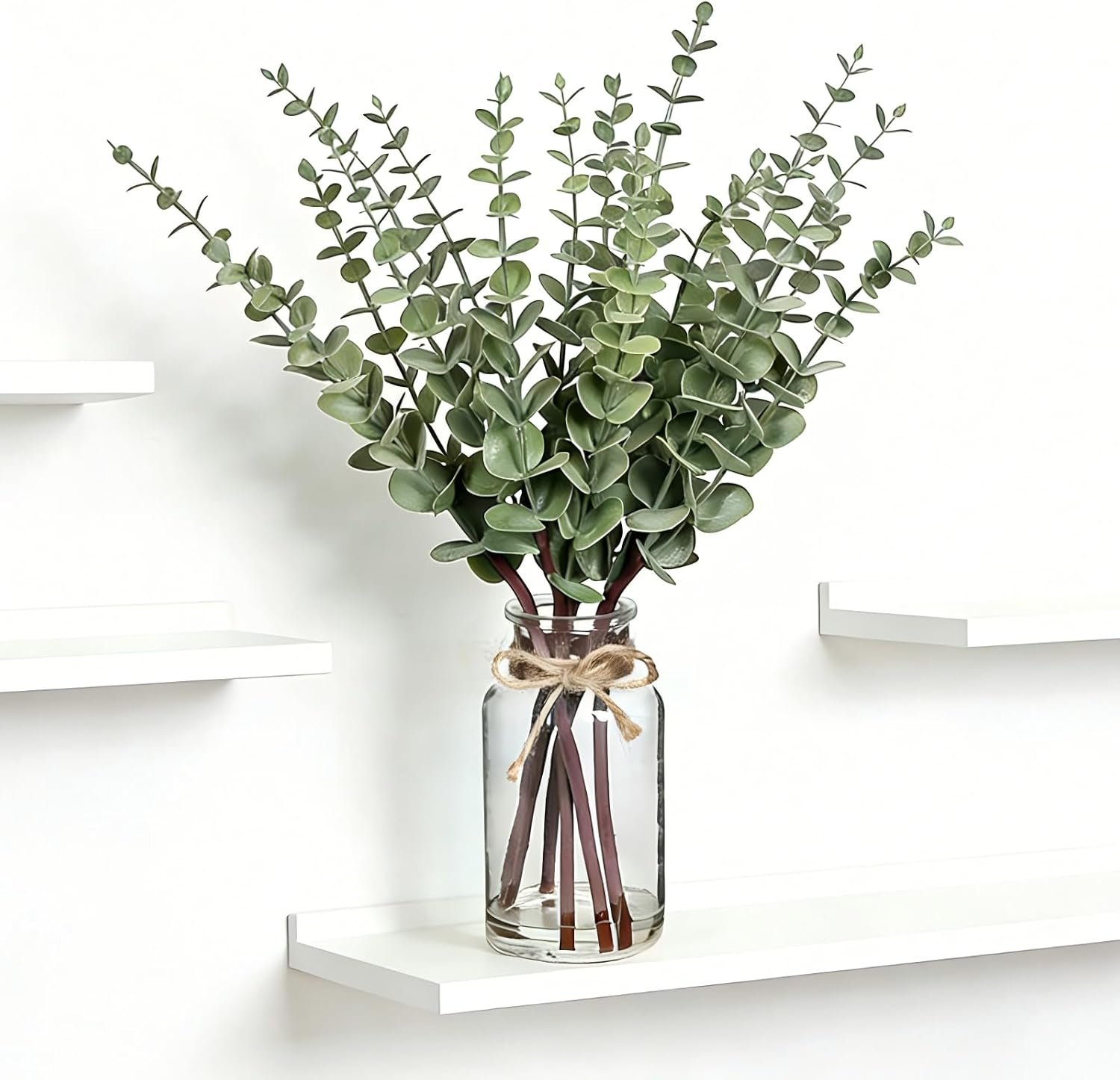 Artificial Eucalyptus Stems in Glass Vase with Faux Water, 17.5″ Sage Green