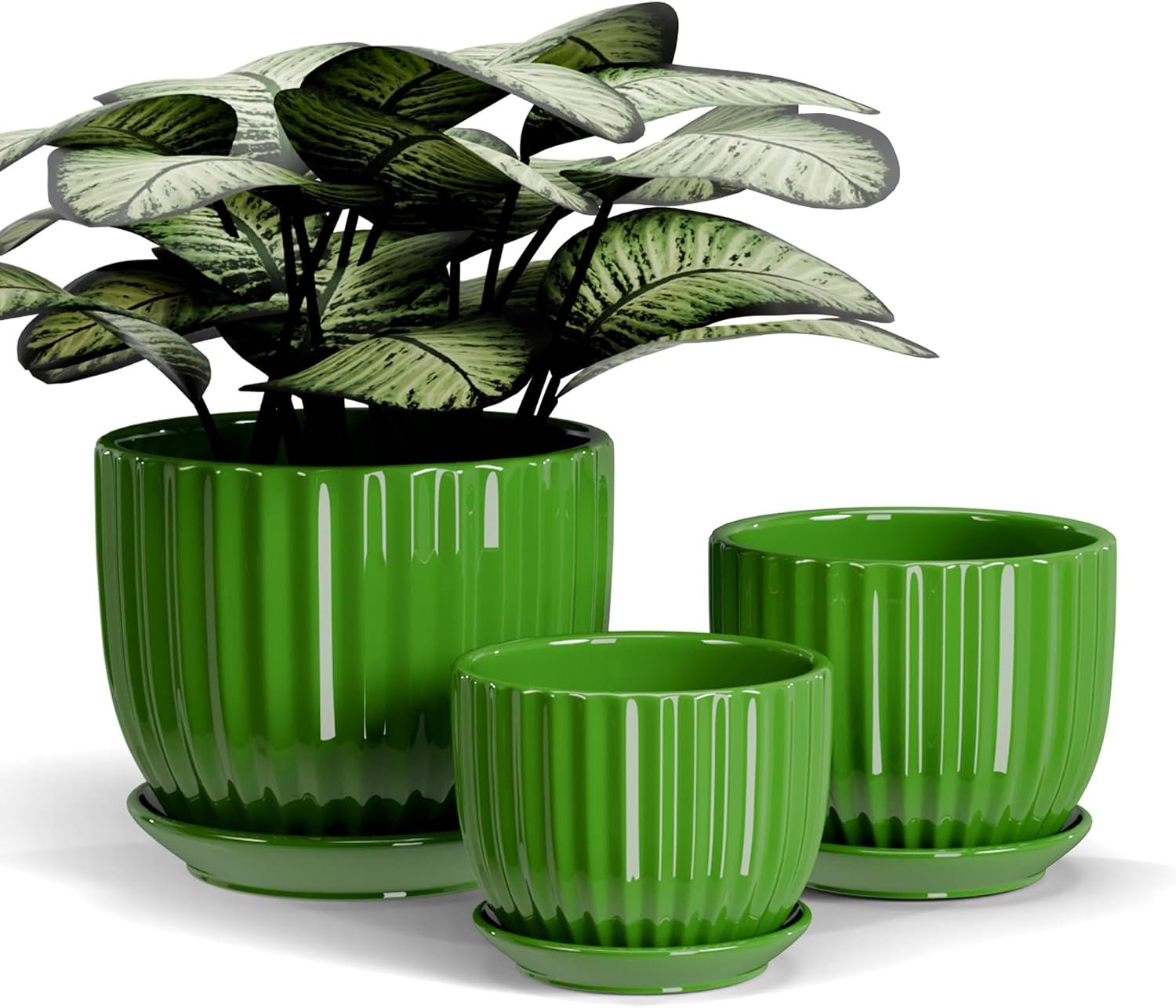 Green Plant Pots,Ceramic Planters with Drainage Holes & Saucers Set of 3