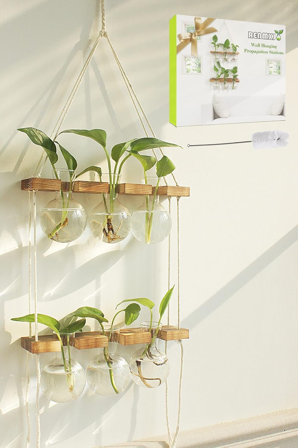 Renmxj Plant Propagation Station Wall Hanging with 2 Tiered Wooden Stand