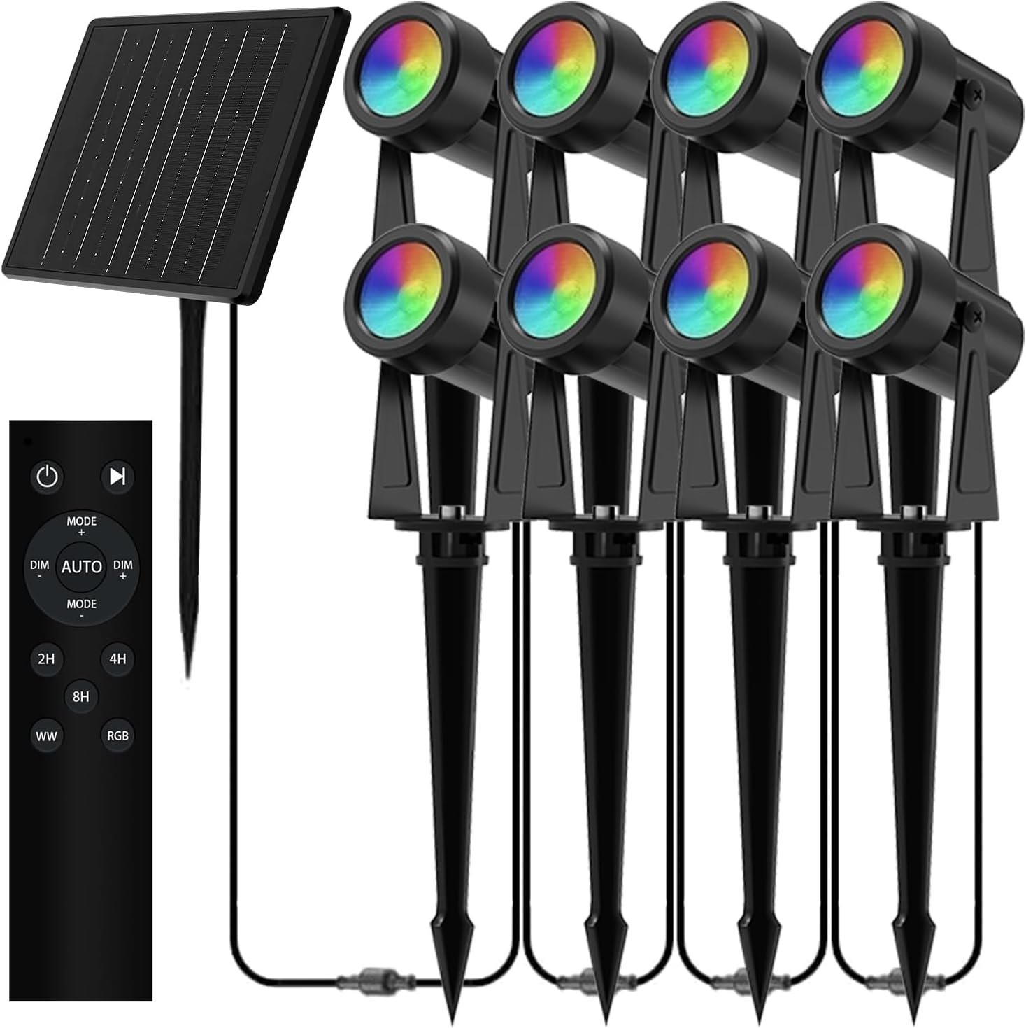ZYAN Solar Color Changing RGBW Landscape Spotlights, Long Cable (9.8+7×6.5ft), Remote Control, 10 Dynamic Colors, Timer, Dimmable, Auto On Off,12000mAh Separate Panel, IP65 Waterproof, 8 Pack