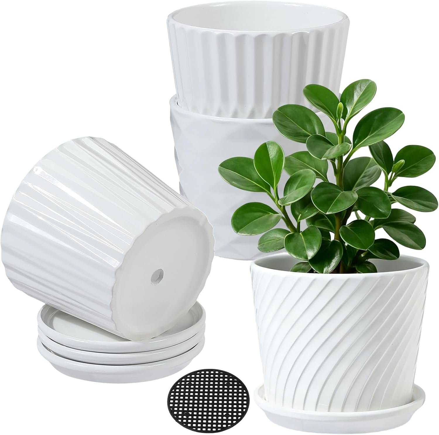 sietpoek 5.5” Ceramic Plant Pots with Drainage and Saucer 4PCs White