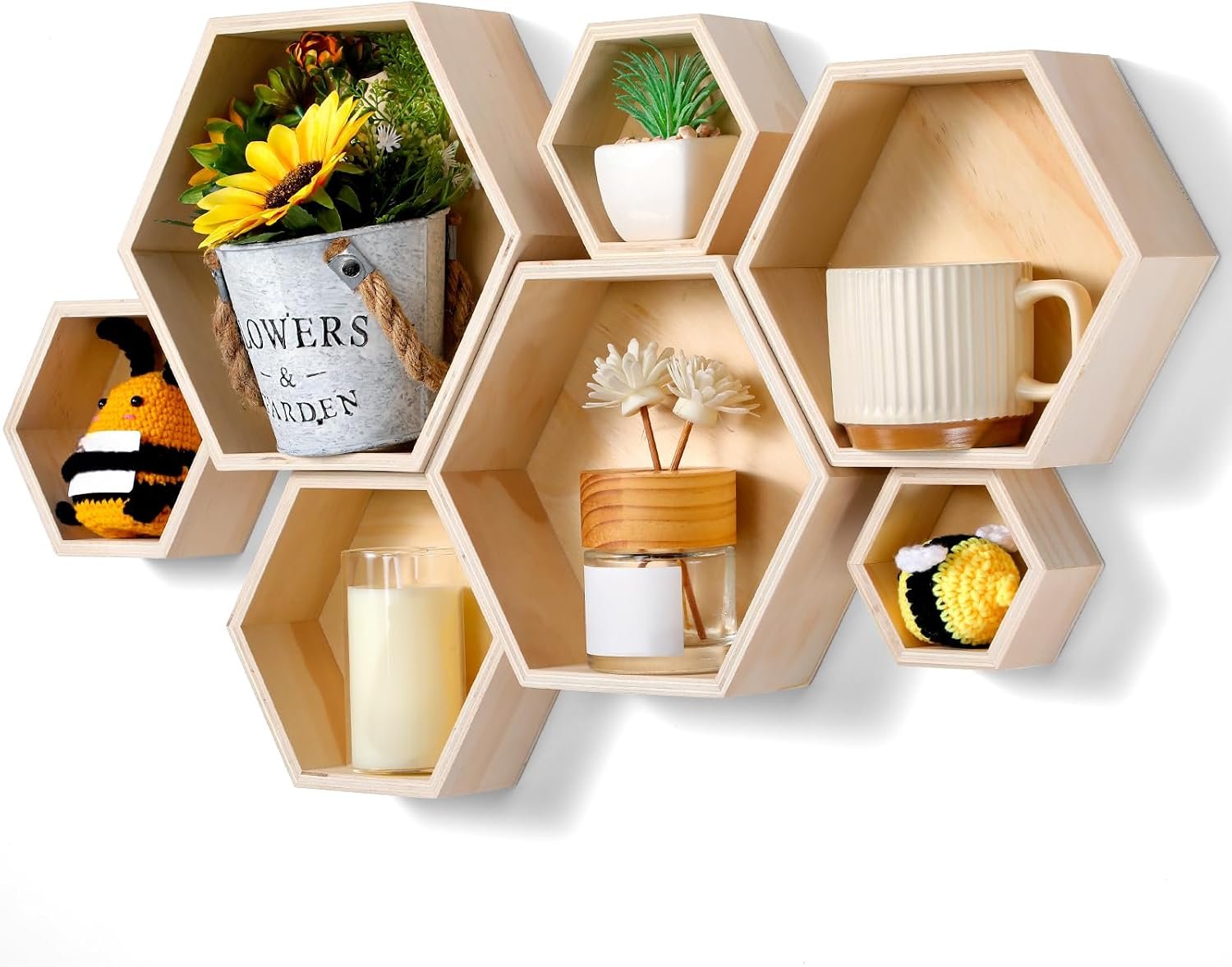 DoubleFill Honeycomb Shelves for Wall Set of 7 Wooden Hexagon Floating Shelves Decor Octagon Wall Mounted Storage Bookshelf for Living Room Bedroom Office Bee Day Decor(Wood Color)