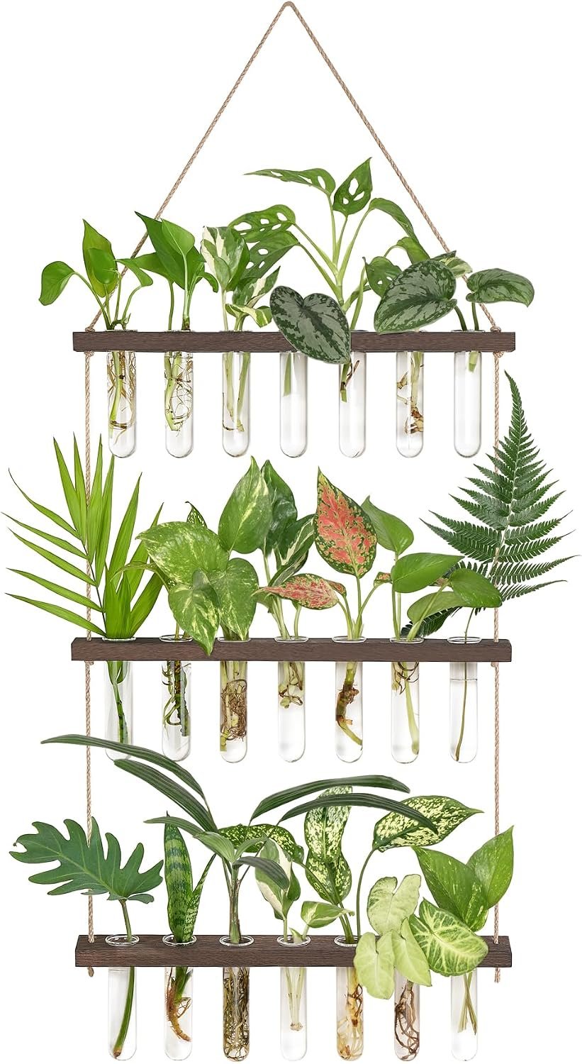 Mkono Plant Propagation Station, 3 Tier Large Brown Wall Hanging Vase Tubes