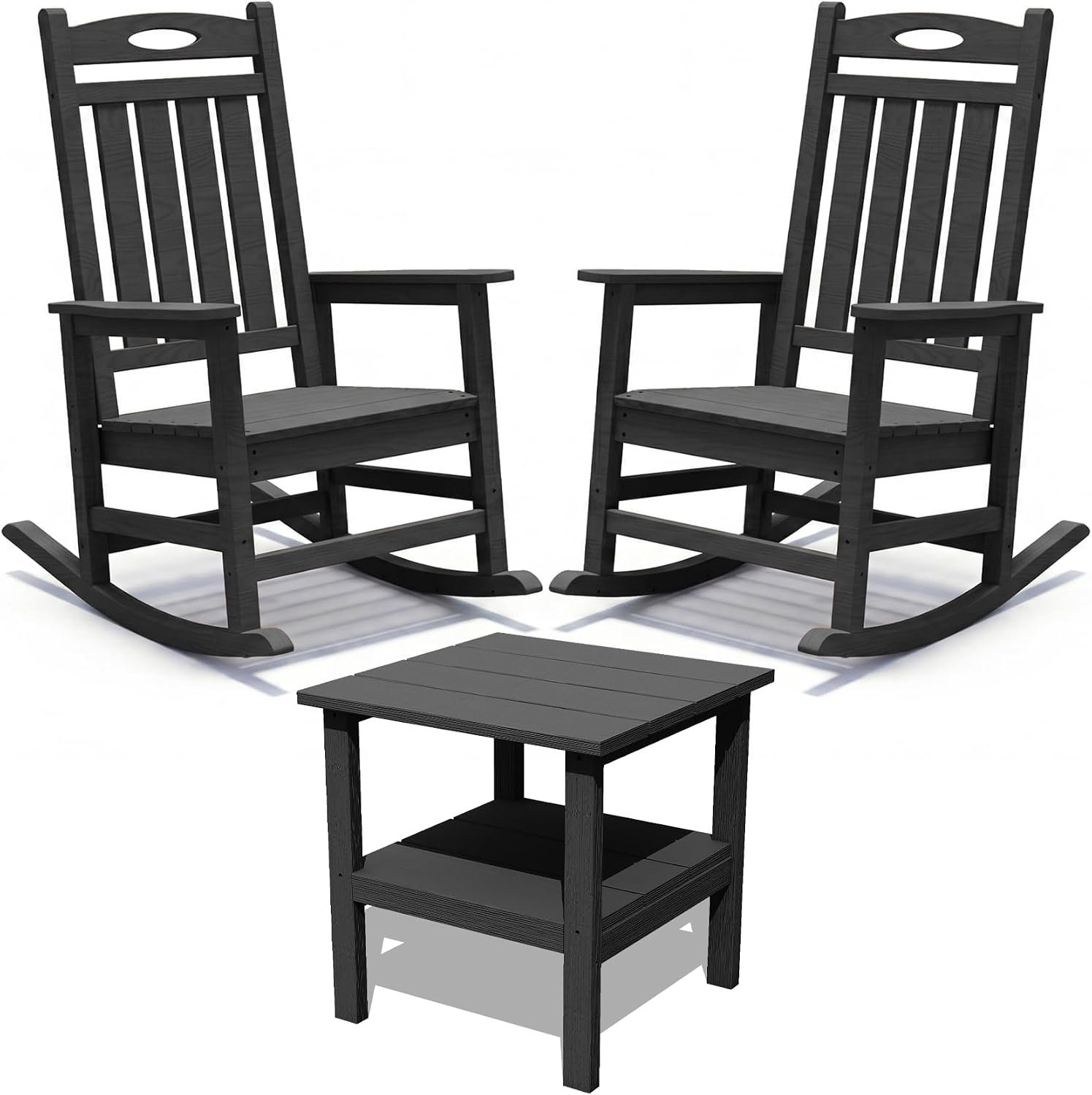 Domi Outdoor Rocking Chair Set of 3, HDPE Patio Rocking Chairs with Side Table, Outdoor Rockers with High Back & Wide Seat for Porch Garden Lawn, Black