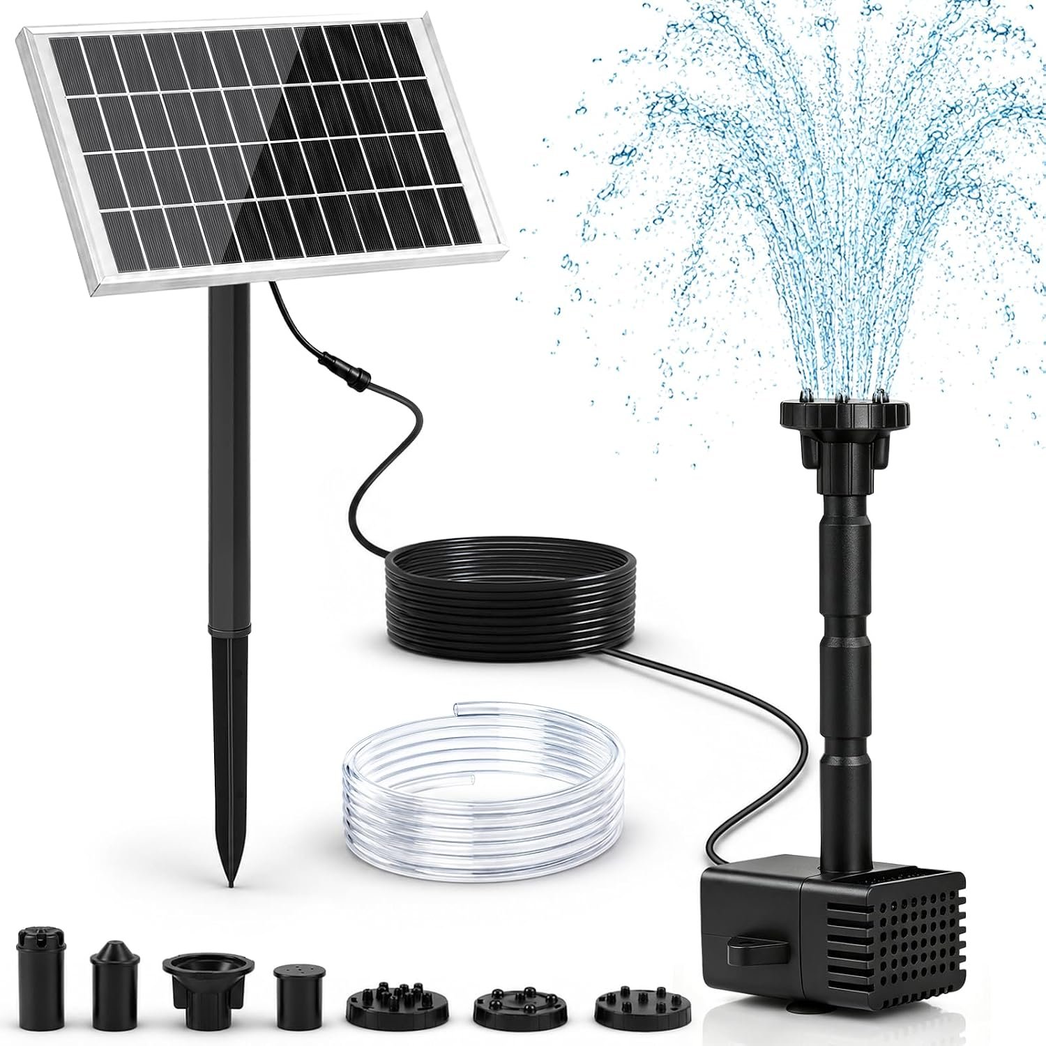 7.5W Solar Fountain Pump, Independent Solar Panel Bird Bath Fountain with 6 Nozzles, 6.56FT Water Hose & 16.4FT Power Cord, DIY Adjustable Water Feature Pump for Garden Pond Patio Decoration