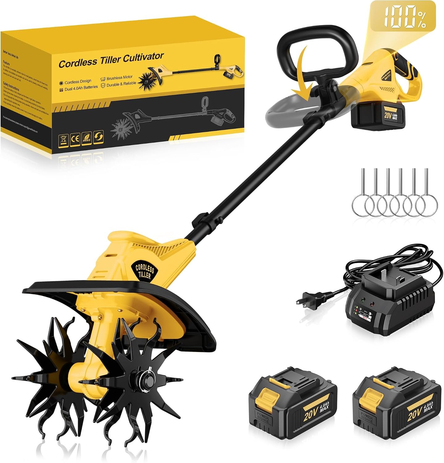 Cordless Tiller Cultivator, 12″ Tilling Width, 8″ Depth, 2×4.0Ah Batteries