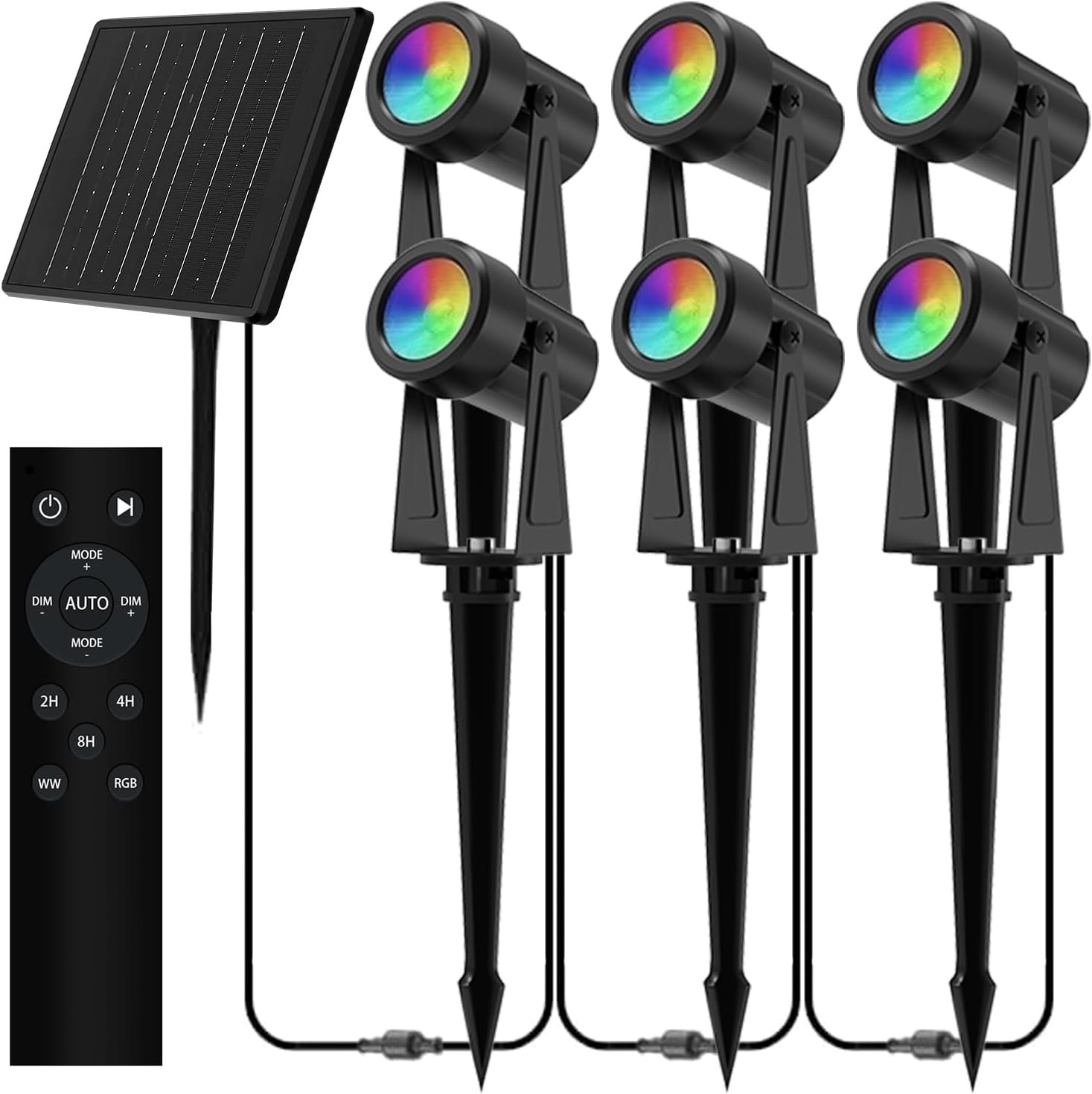 ZYAN Solar Color Changing RGBW Landscape Spotlights, Long Cable (9.8+7×6.5ft), Remote Control, 10 Dynamic Colors, Timer, Dimmable, Auto On Off, 6000mAh Separate Panel, IP65 Waterproof, 6 Pack