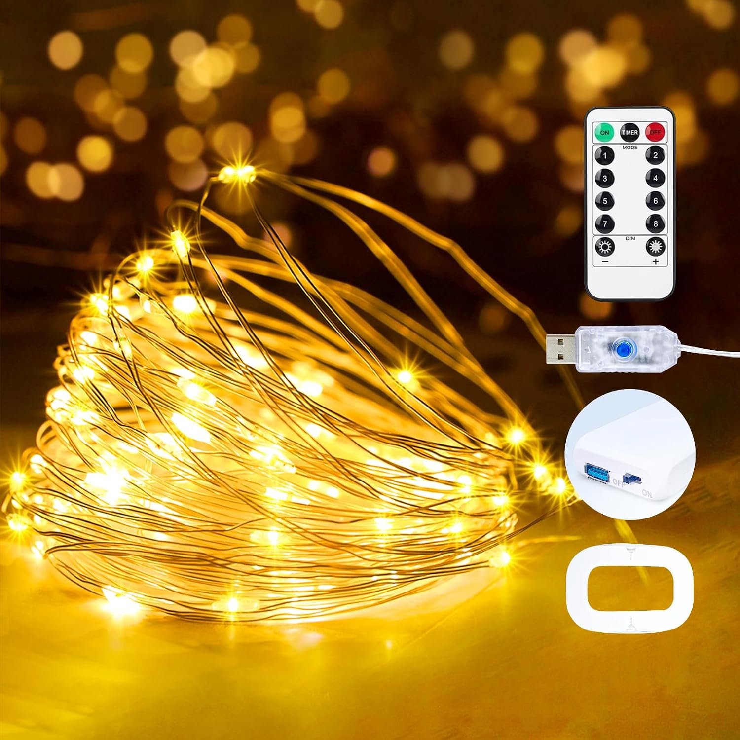 1 Pack USB Plug in Fairy String Lights,16ft 50 LED Copper with Remote and Timer, 8 Modes Waterproof Twinkle String Lights for Bedroom Indoor Party Wedding Christmas Decoration