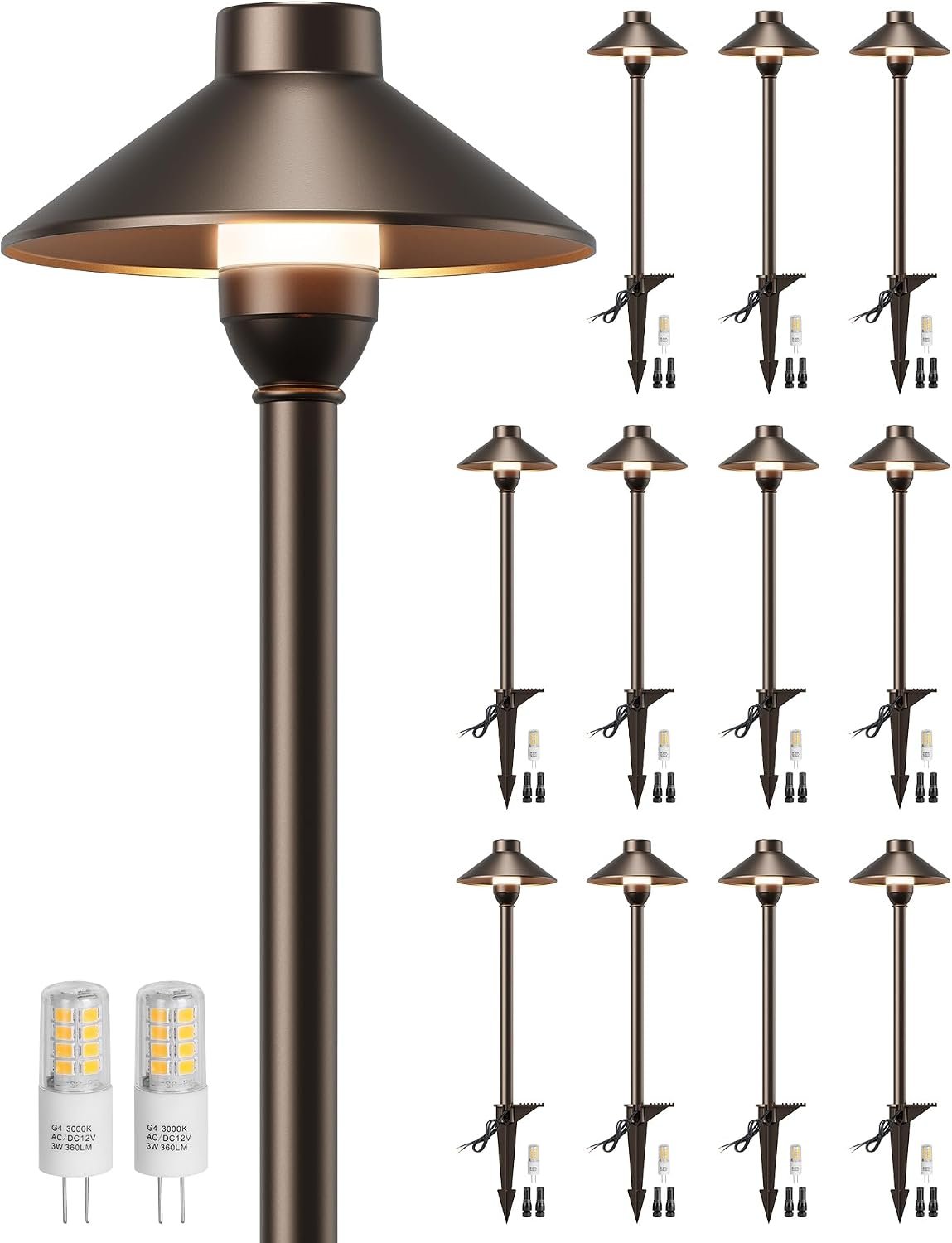PARTPHONER Low Voltage Landscape Lighting 12-Pack, Aluminum 12V Pathway Lights with G4 Bulbs, Waterproof Oil Rubbed Bronze Color Wired Path Lights with Connectors for Walkway Yard Garden
