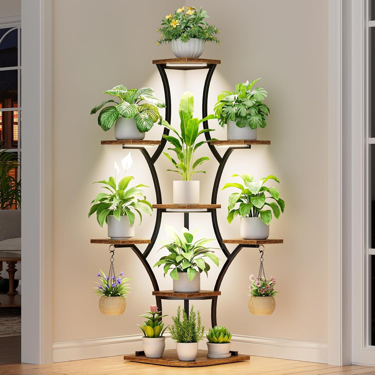 Corner Indoor Plant Stand With Grow Light, 8 Tier 52.6″ Tall Plant Shelf