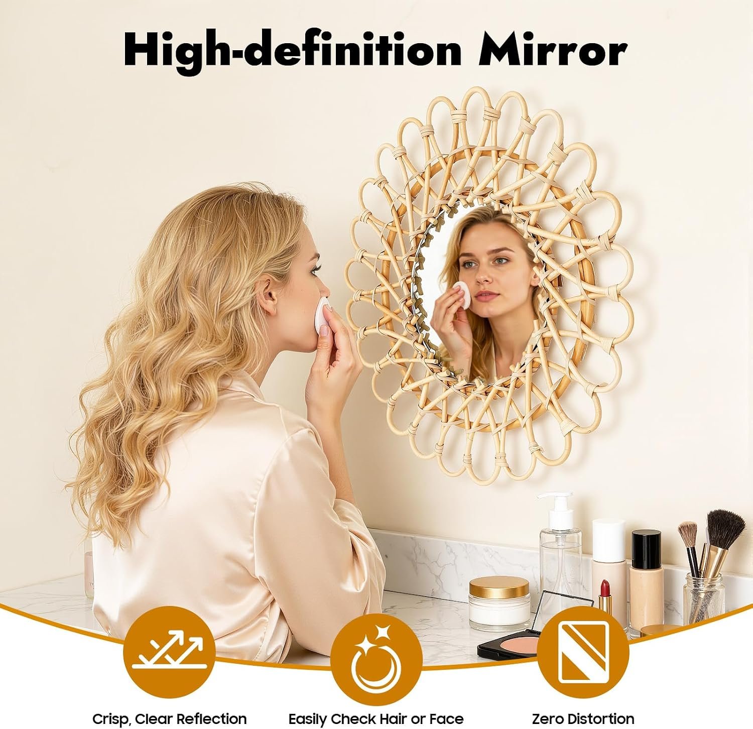 Hanging Mirror, 16x16in Rattan Sunflower Circular Wall Mirror, Rattan Wall-Mounted Mirrors with Boho Nordic Style, Circular Sunflower Mirrors for Inodoor Home Office Living Room Hallway