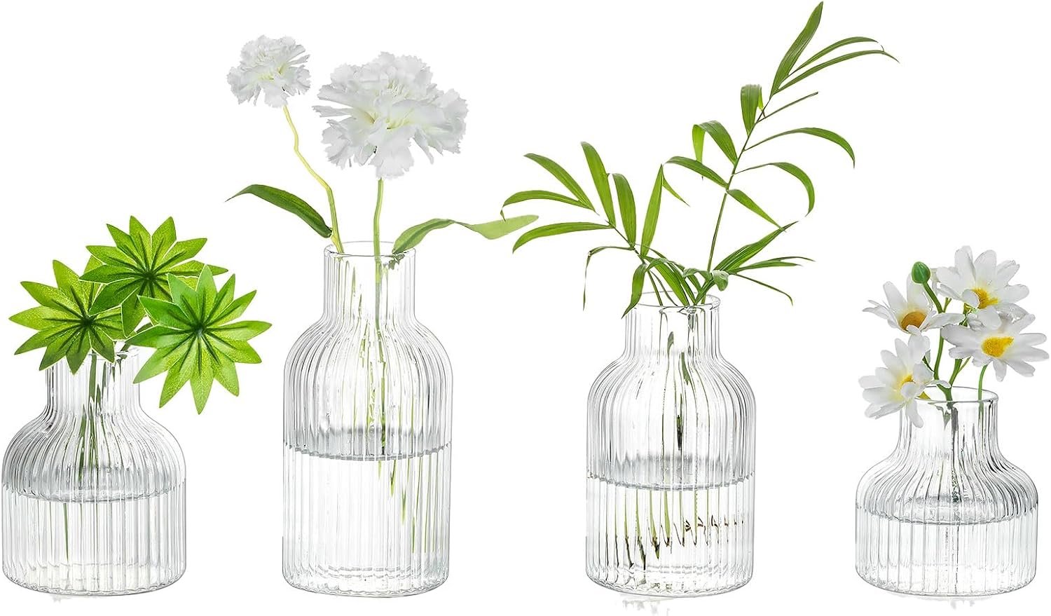 Glasseam Glass Bud Vases for Centerpieces: Modern Small Flower Vase Set of 4 for Home Decor – Clear Mini Table Centerpieces for Minimalist Living Room Shelf Kitchen Wedding Party Decorations