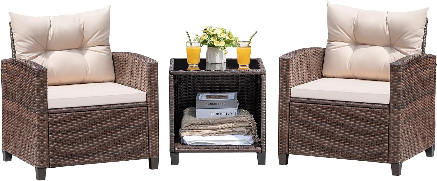 Devoko 3 Pieces Patio Furniture Set Outdoor Wicker Chairs and Table, Beige