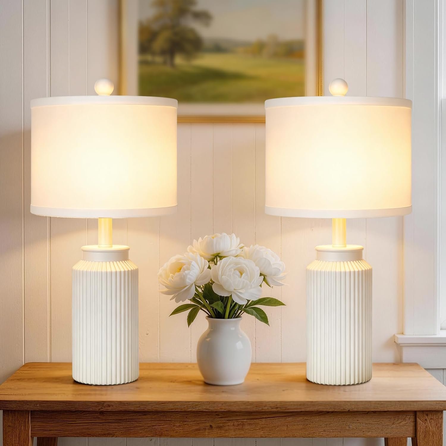 22″ Modern Ceramic Table Lamp Set of 2 for Living Room, Rustic Farmhouse White Desk Lamps with White Linen Shade, Vintage Bedside Nightstand Lamps for Bedroom, Living Room End Table Lamps Home Decor