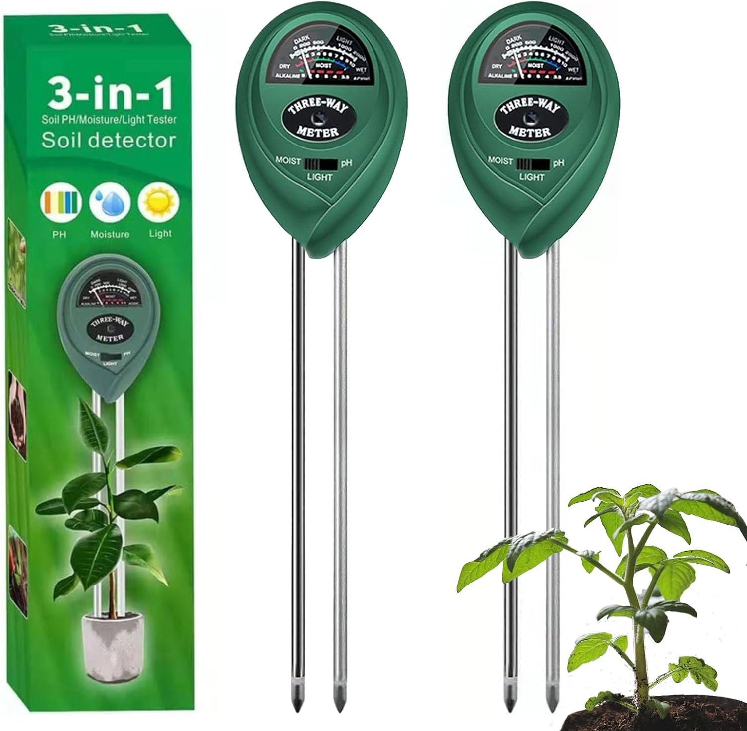 2 Pack Soil Tester, 3-in-1 Plant Moisture Meter Light & PH Tester