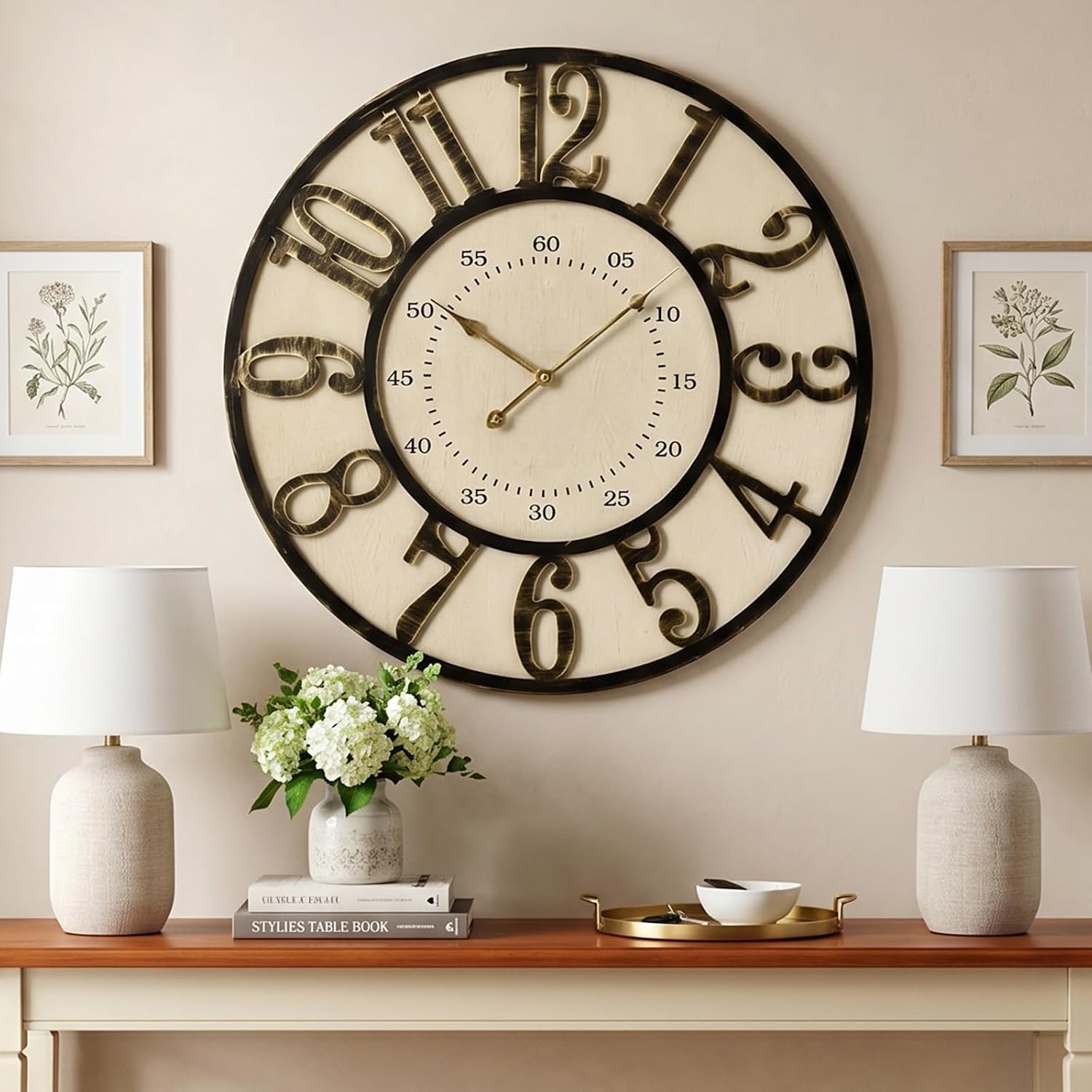 EMAX HOME 24 Inch Large Wall Clock, Vintage Farmhouse Oversized Wall Clocks for Living Room Decor, Silent Non-Ticking Battery Operated Retro Decorative Clock for Bedroom, Kitchen, Dining Room
