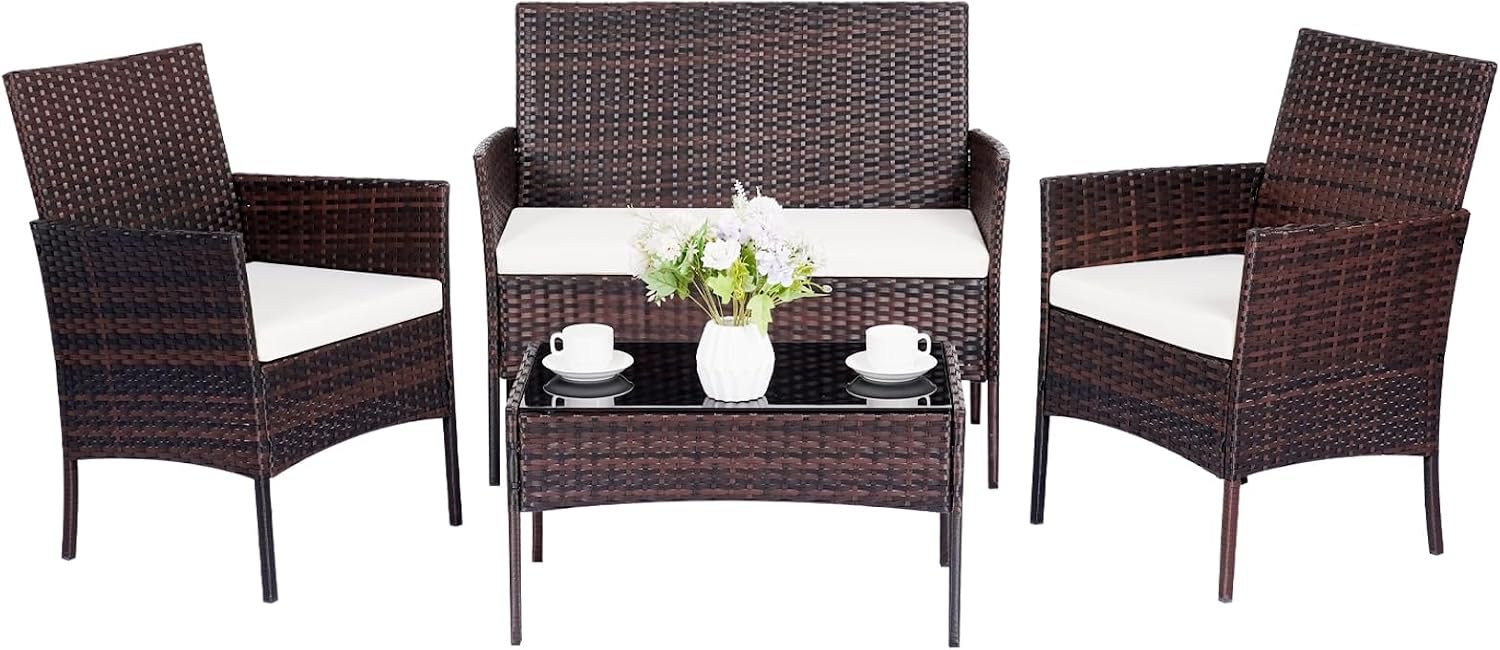 Patio Furniture Set 4 Pieces, Outdoor Rattan Furniture with Tempered Glass Coffee Table, Modern Rattan Patio Chairs Conversation Sets with Sofa for Garden, Terrace, Porch, Lawns Brown/Beige