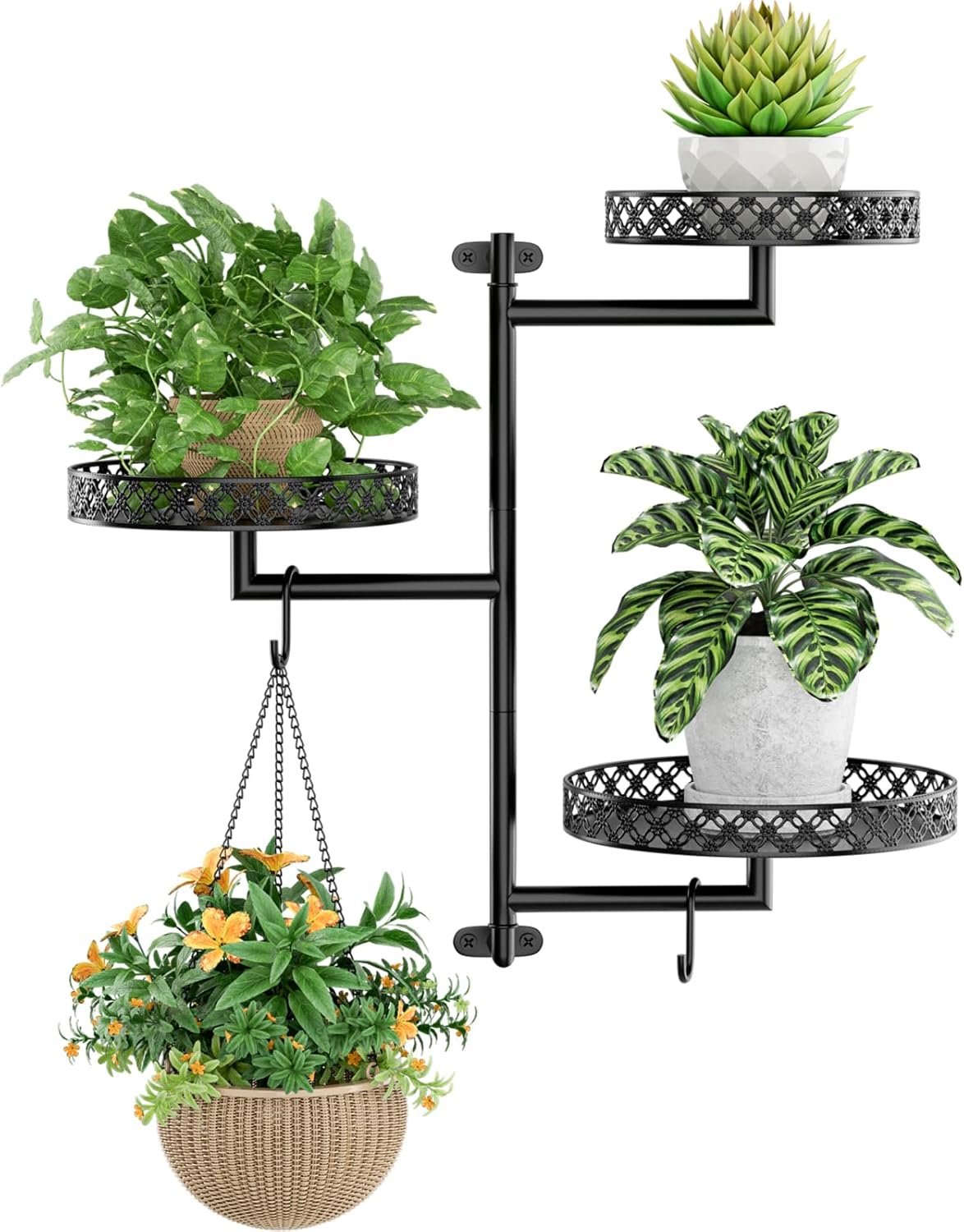 OVICAR Rotating Window Plant Shelves – Indoor Wall Plant Stand 3-Tier Floral Metal Window Shelf Holder for Multiple Plants with Hanging Hooks Home Decor Black
